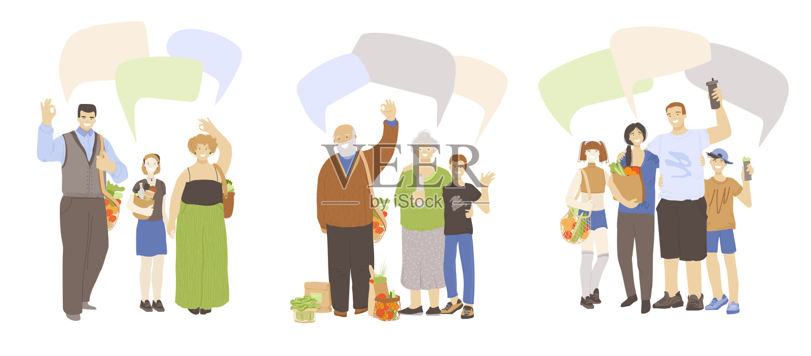 矢量卡通平面插图的幸福家庭，挥舞的手，显示OK的标志，手持零废物的手与讲话气泡上面。32、零浪费生态，拯救地球家庭理念。插画图片素材