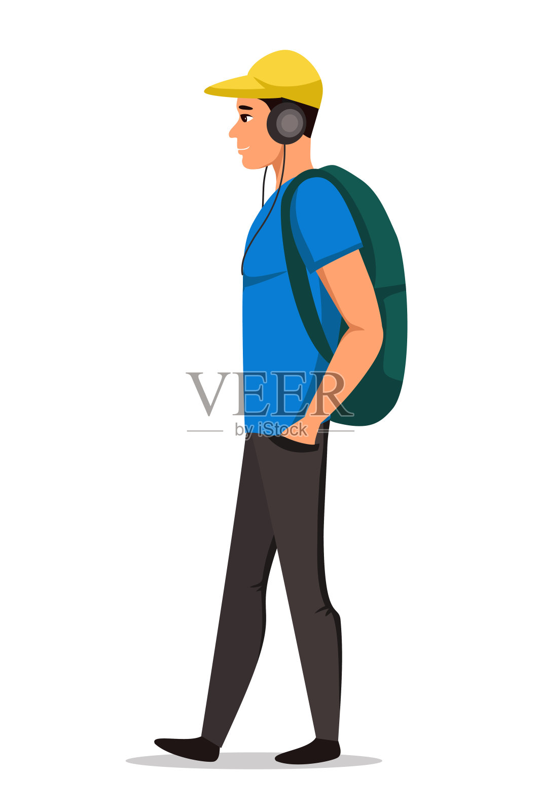 行走男孩平面矢量字符。学童去风格化卡通插图。少年散步。背着书包，戴着耳机，背景是白色。设计元素图片