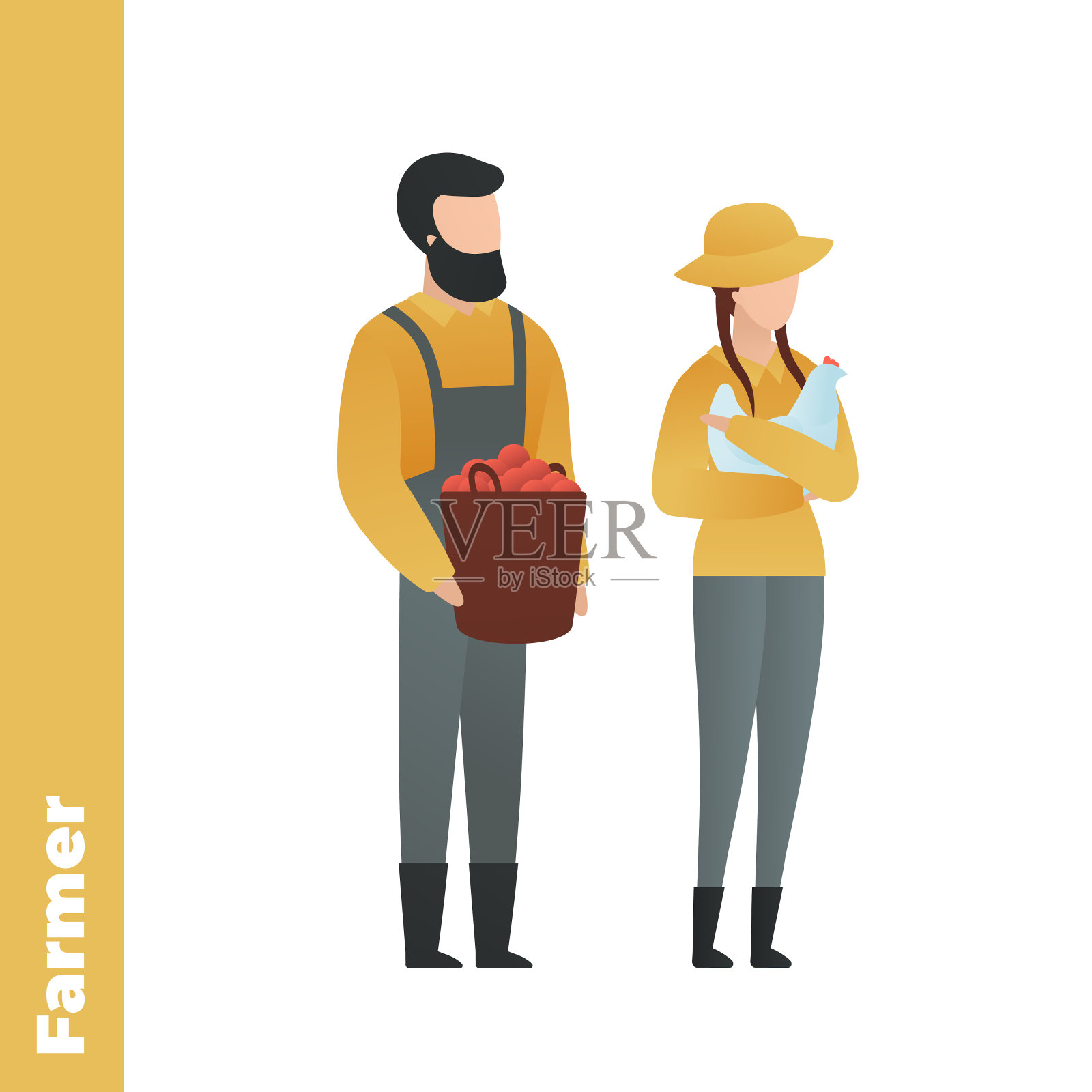 时尚的平面家庭人物矢量卡通插图。一对男性和女性农民夫妇孤立地站在白色的背景上。工作布，一篮西红柿，手上拿着鸡肉。有机农场。设计元素图片