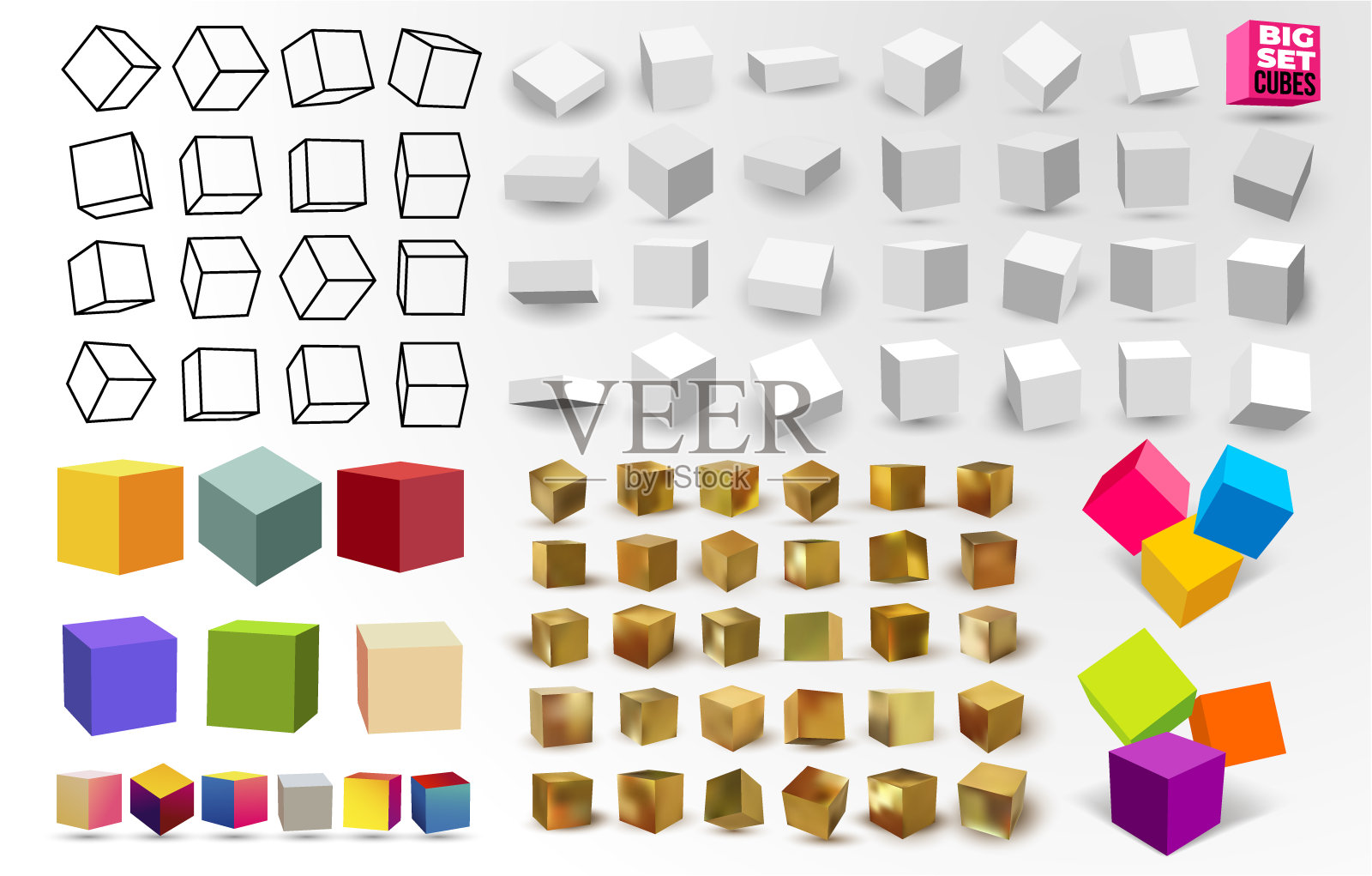 Mega Set白色3D立方体包孤立在白色背景上。不同的光线，视角和角度。矢量插图。孤立在黑色背景上。插画图片素材