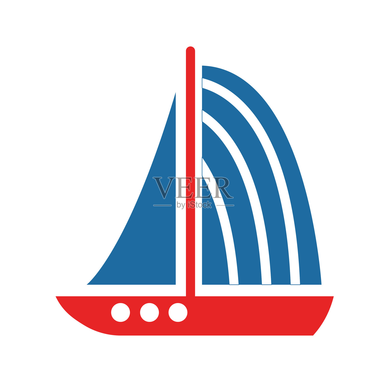 矢量船孤立在白色背景。帆船和游艇。双帆船。经典的蓝色和红色。简单的平面插图。卡通风格。为儿童，标志，图标和网页设计。海洋和海洋设计元素图片