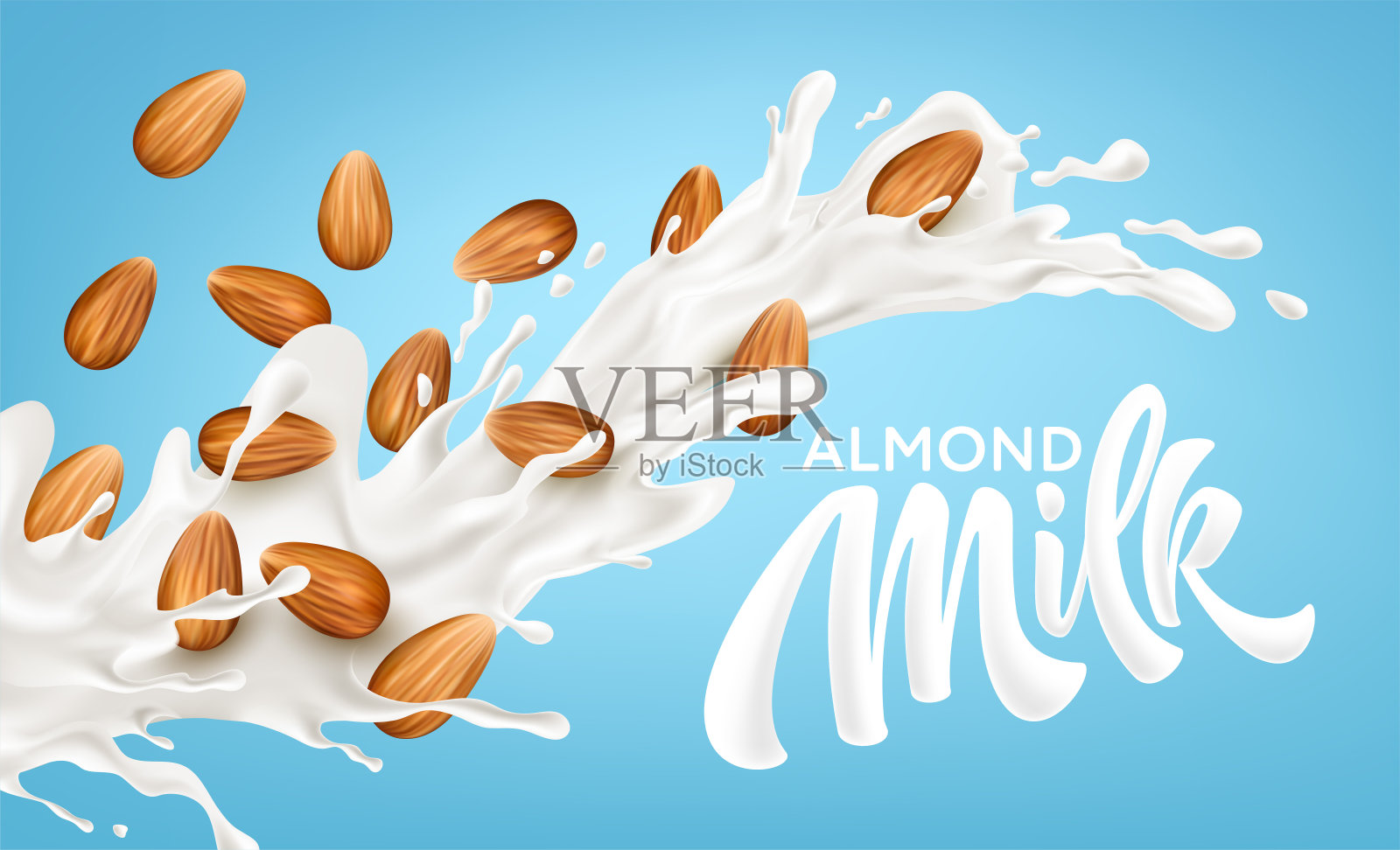 在蓝色背景上逼真的杏仁牛奶。牛奶书法刻字。健康饮食的概念。矢量图插画图片素材