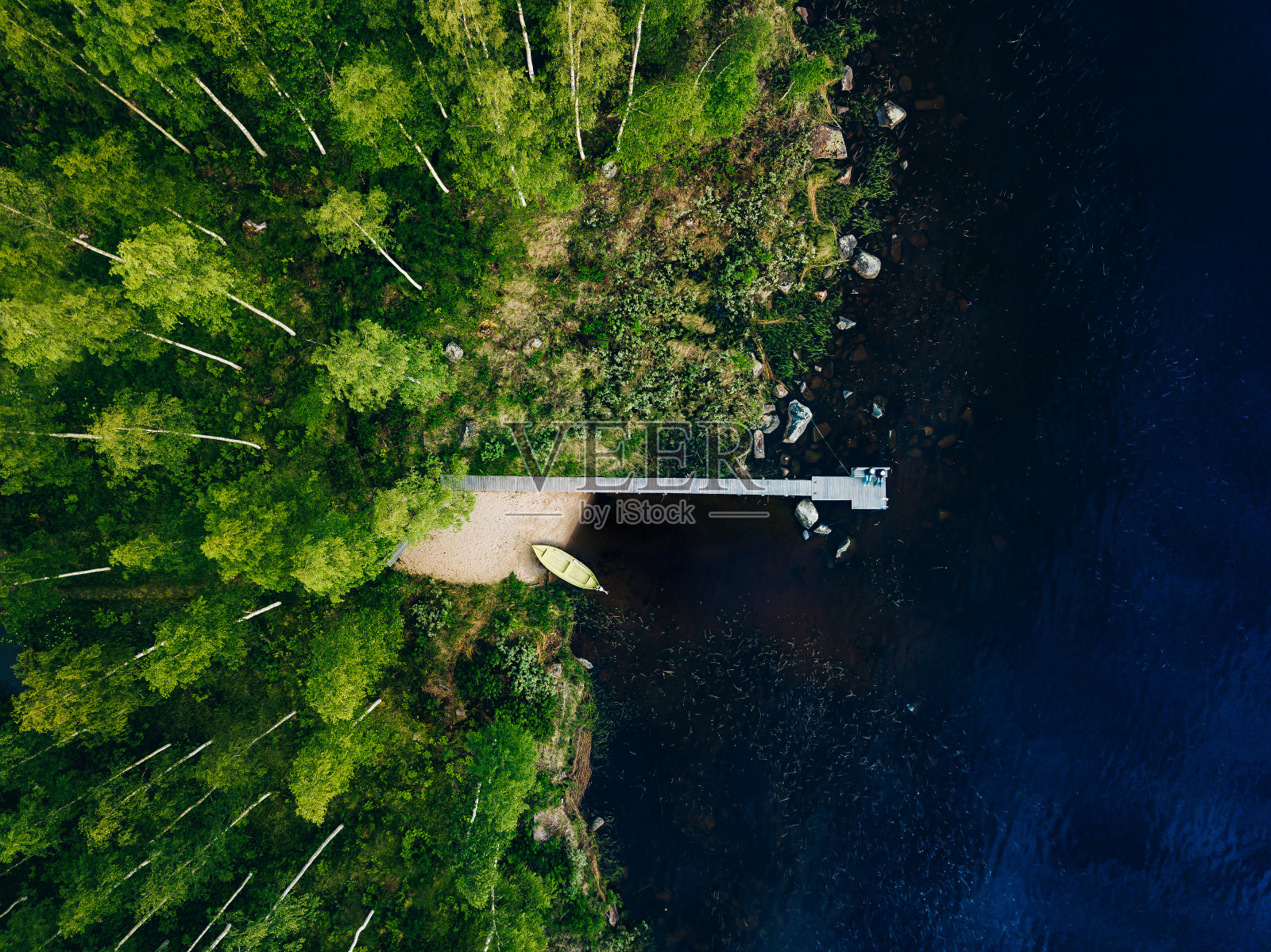 鸟瞰图木制码头与渔船在蓝色的湖与绿色的森林在芬兰。照片摄影图片
