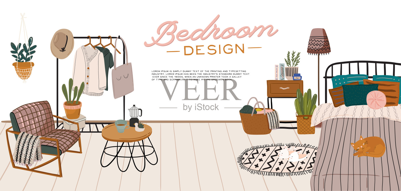 时尚的斯堪的纳维亚卧室室内-床，沙发，衣柜，镜子，床头柜，植物，灯，家居装饰。插画图片素材