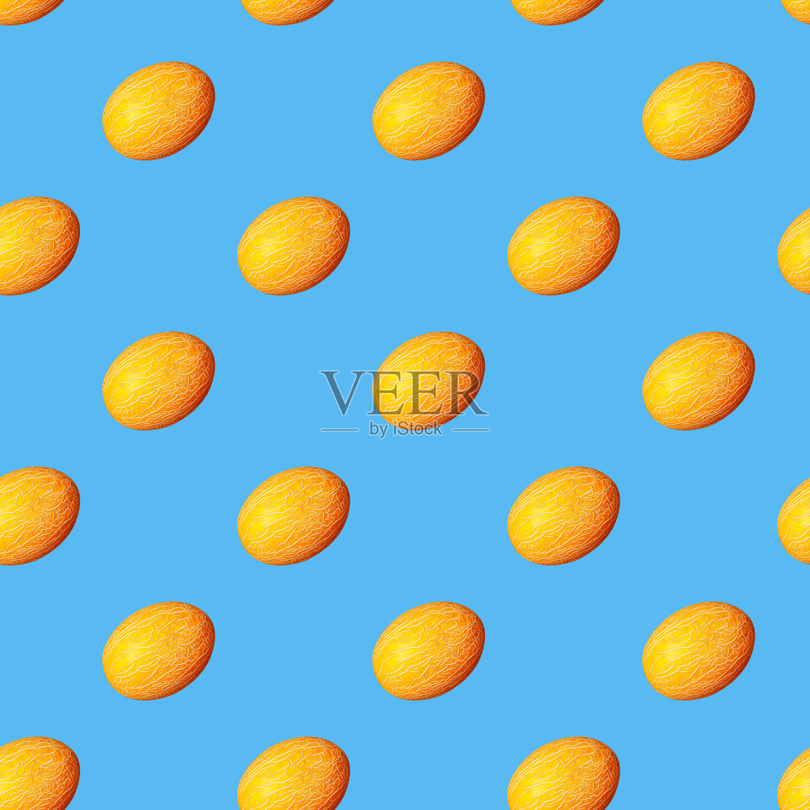 在蓝色背景上的黄色椭圆形甜瓜无缝图案。照片摄影图片