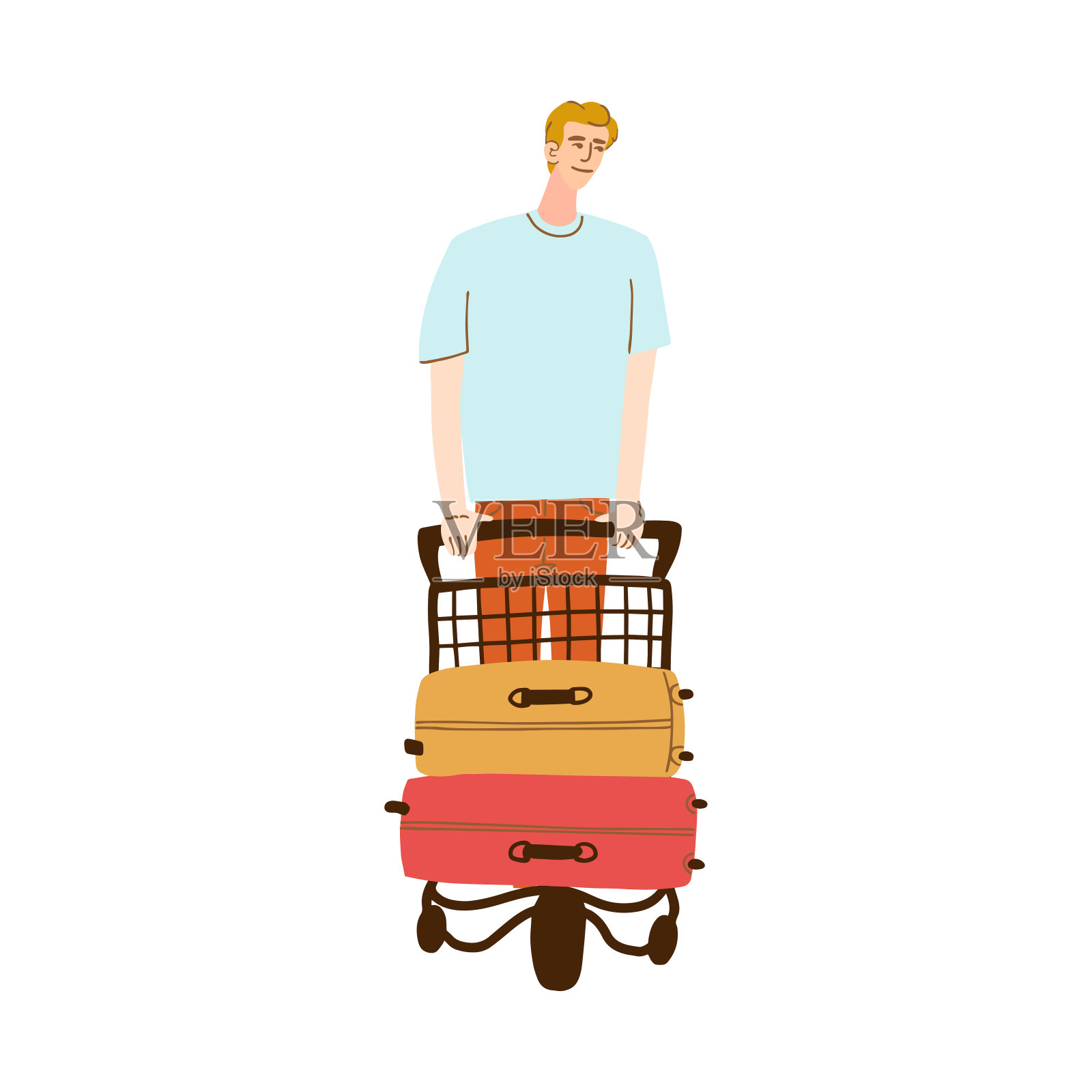 一名男子走在手推车上的行李插画图片素材