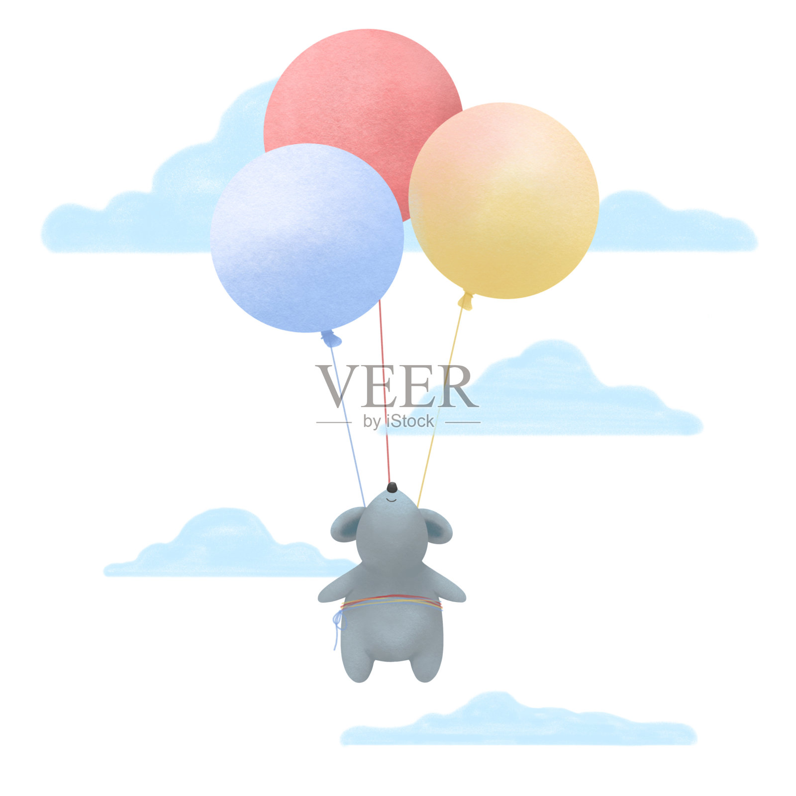 小老鼠在气球里飞。三个气球，云朵和一只白色背景上的老鼠。插画图片素材