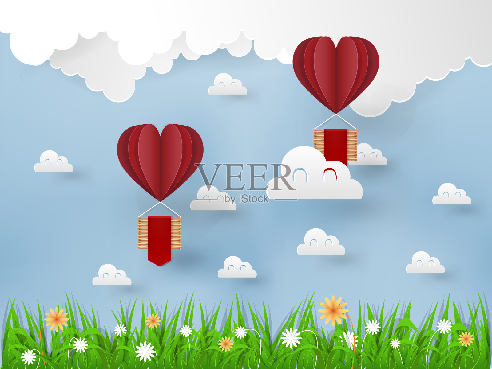 插画矢量设计理念的爱情和情人节，折纸心形矢量的热气球在空中飞行，纸艺术风格插画图片素材