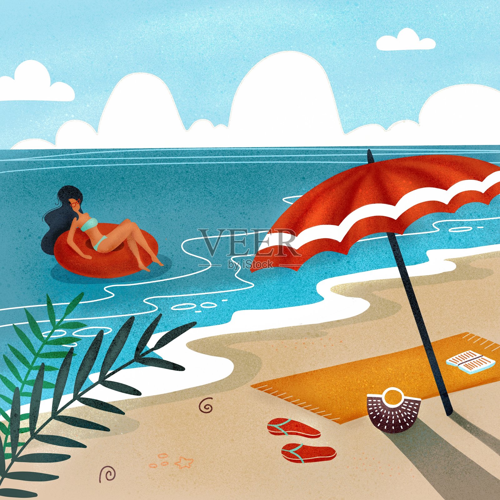 热带景观。棕榈树和热带植物。海景。沙滩上的浴巾和雨伞。穿着泳衣的女人在海浪中漂浮在橡胶圈上。平面变形图插画图片素材