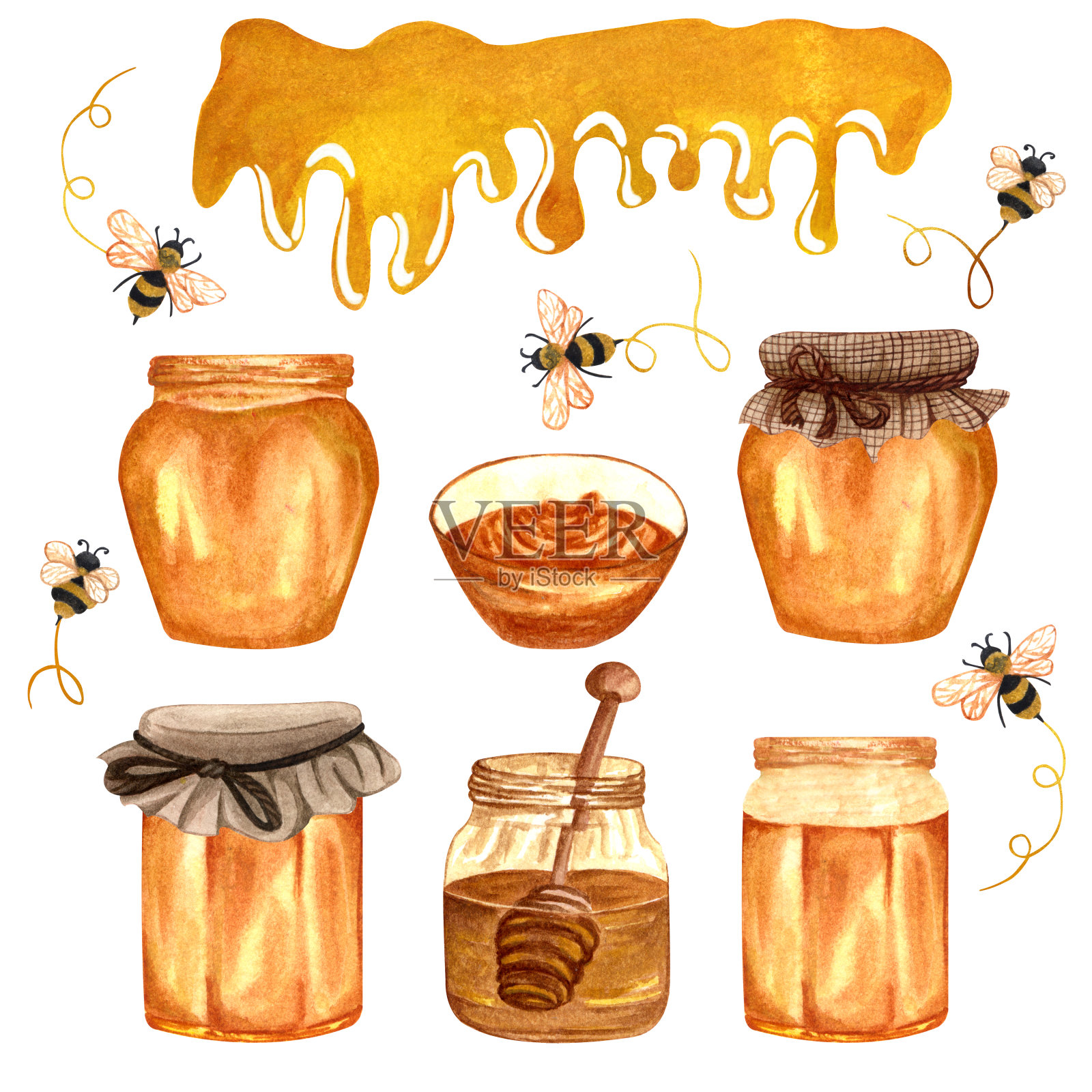水彩新鲜蜂蜜设置不同的蜂蜜罐和蜜蜂。手绘有机自然插画。插画图片素材