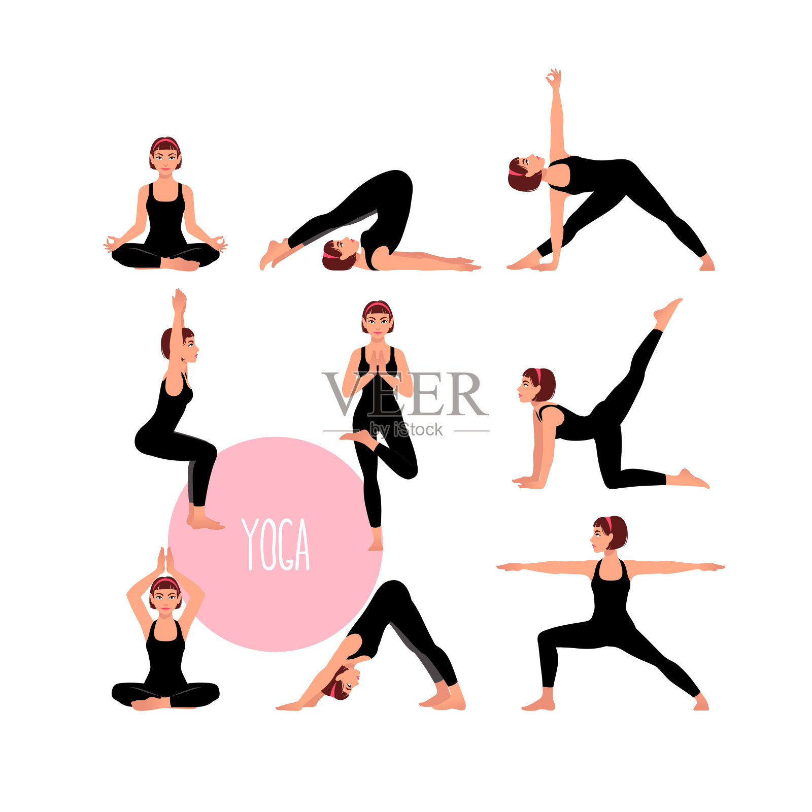 配以美女锻炼各种不同瑜伽姿势的训练插画图片素材