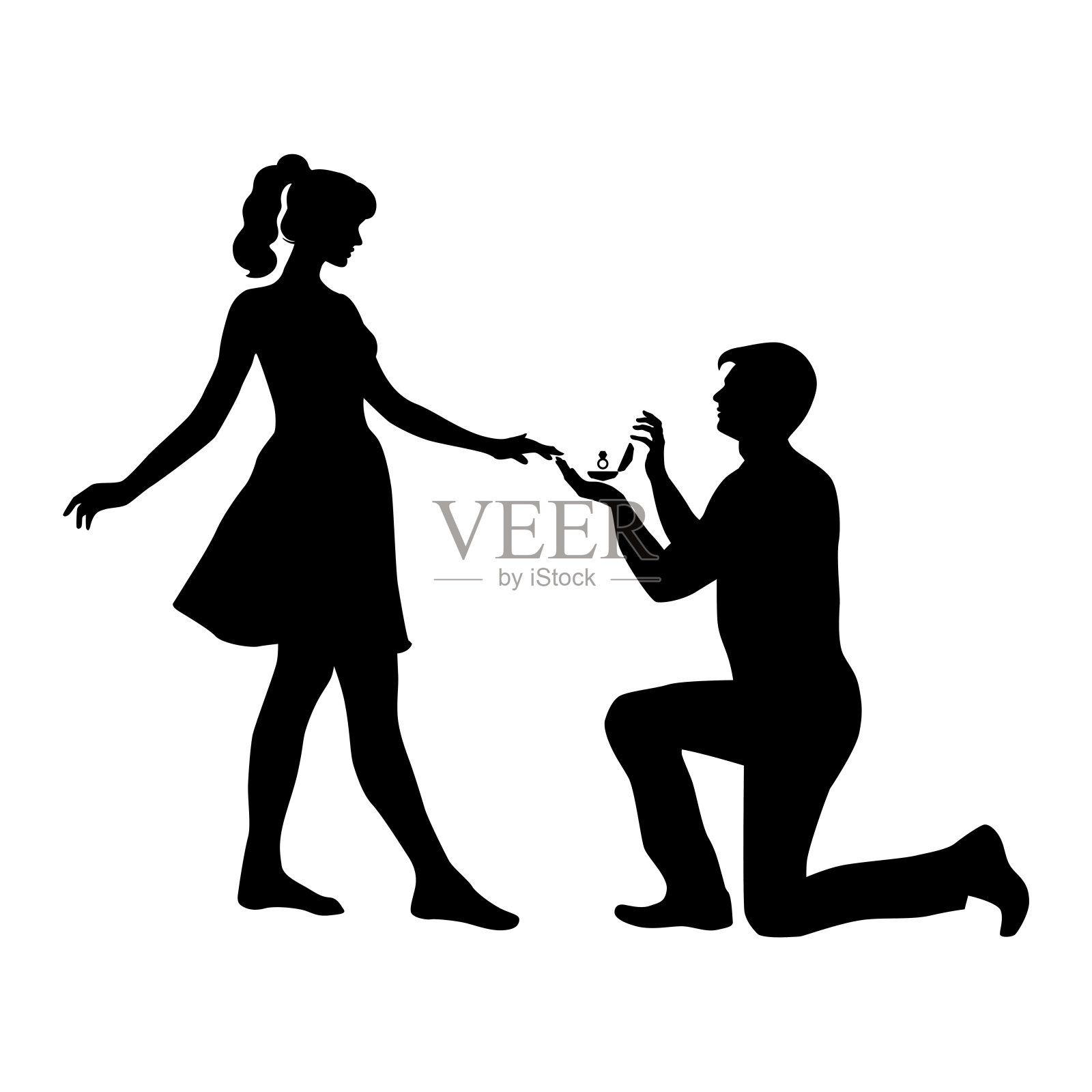 男人单膝跪地，拿着订婚戒指向美女求婚。黑色的轮廓孤立在白色的背景上。一对快乐的年轻人。股票矢量图设计元素图片