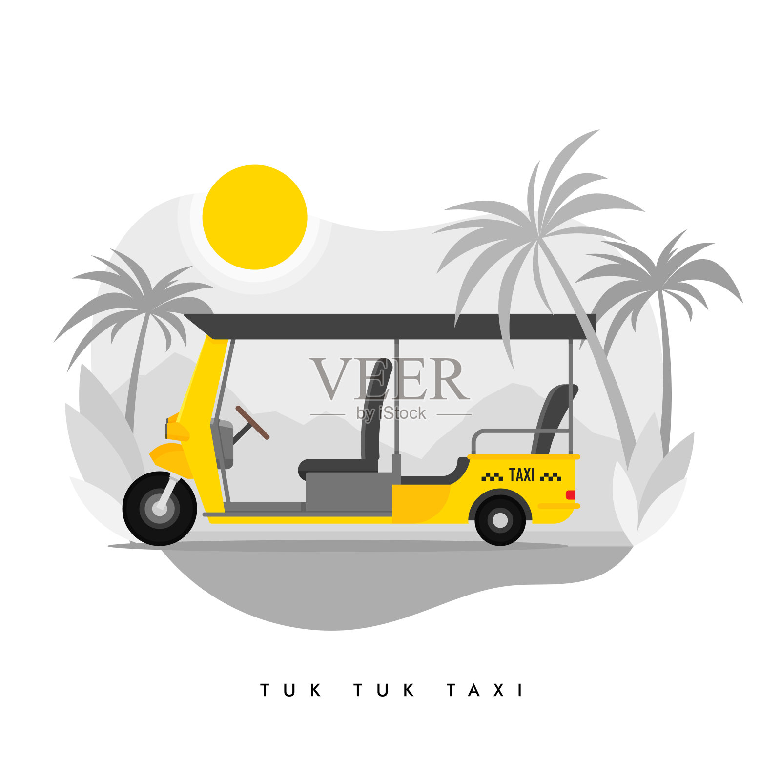 矢量现代平面插图三轮车三轮车三轮车出租车服务，棕榈上的太阳。炎炎夏日异国情调度假胜地，海滩水上活动休闲插画图片素材