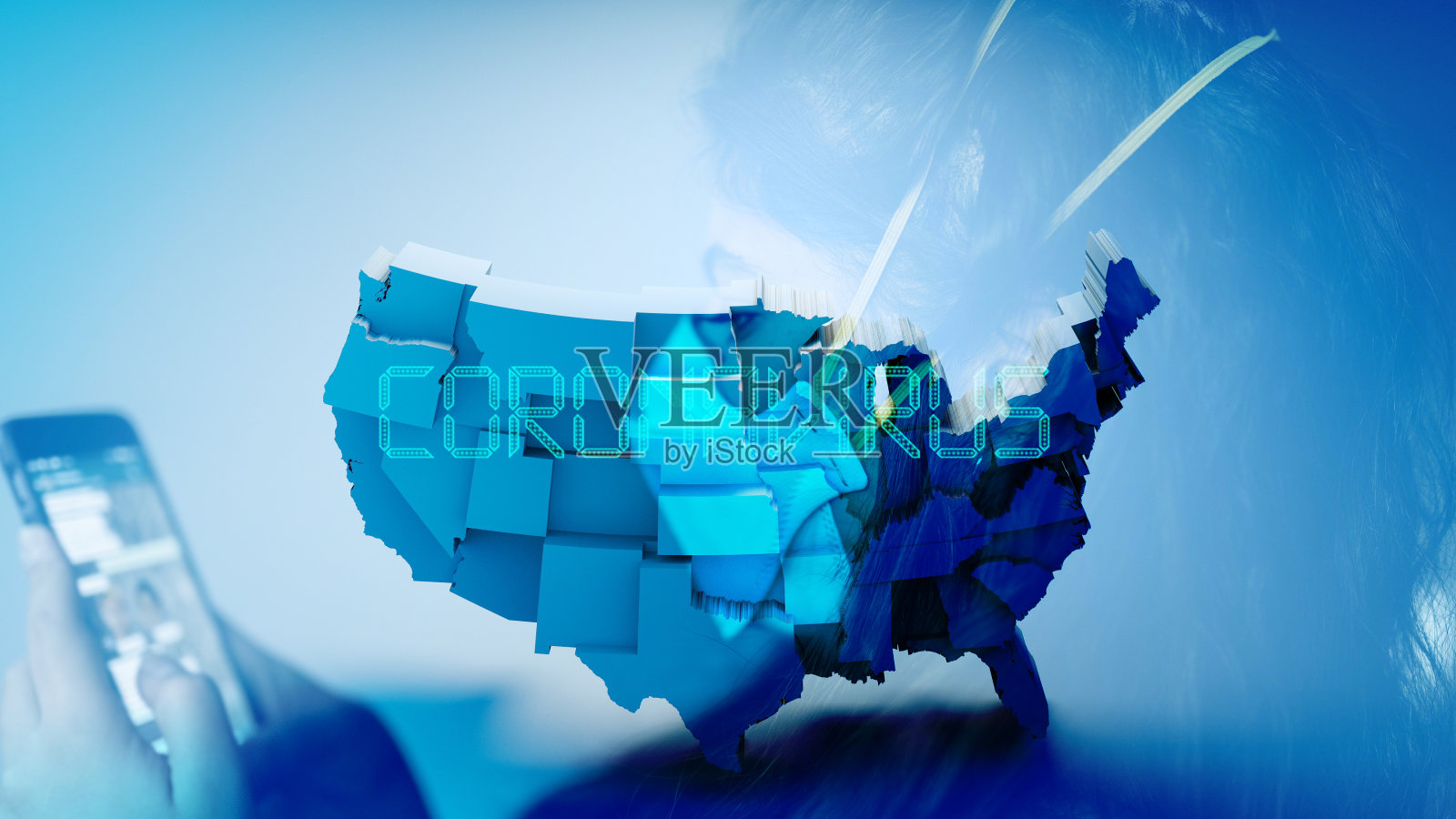 冠状病毒2019-nCov新型冠状病毒概念运动背景，耐心佩戴防护口罩和美国国旗覆盖。照片摄影图片