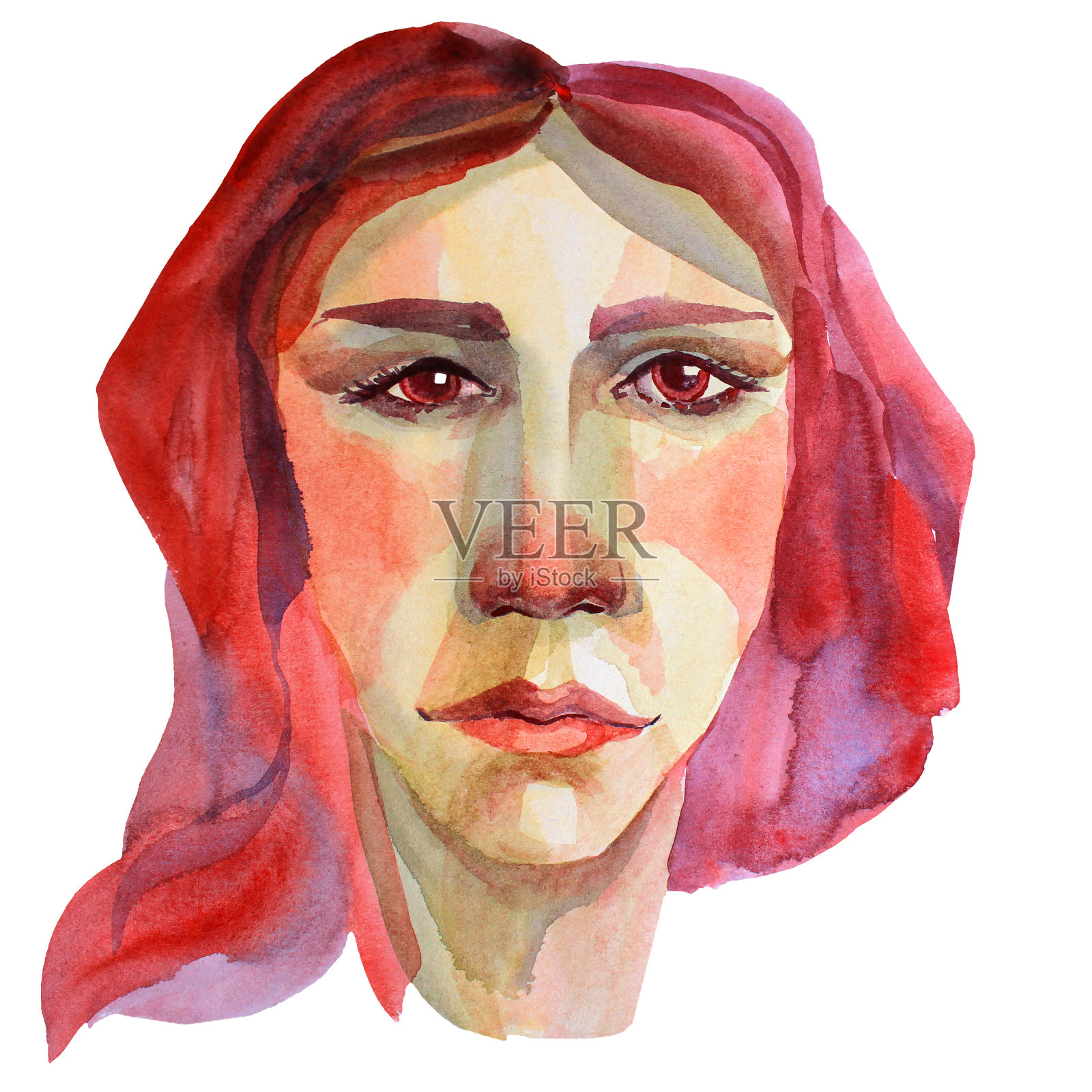 手绘的脸的女人红头发水彩插图孤立在白色的背景插画图片素材