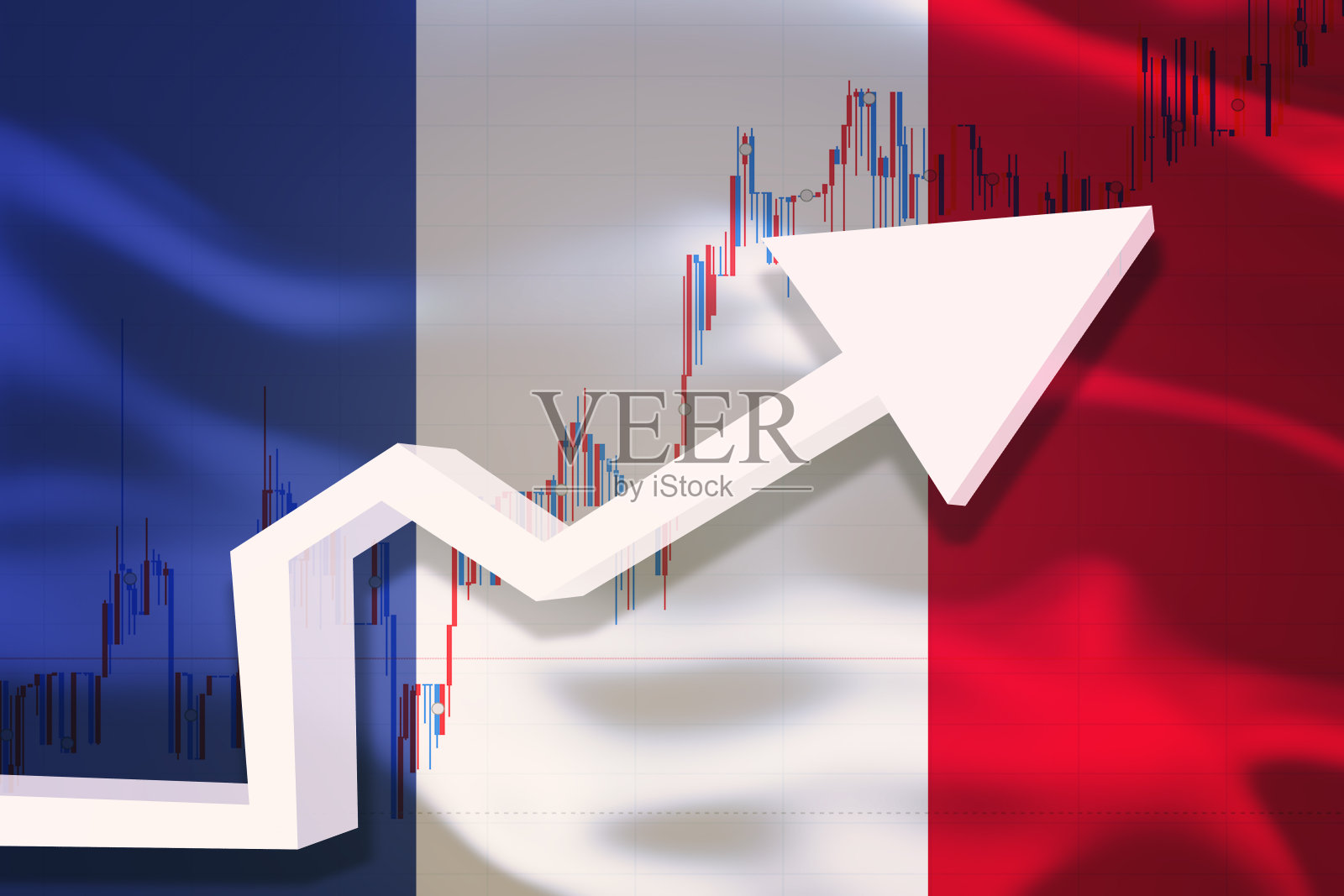 法国成长图表。白色3D箭头和股票图表成长在舞动的国家旗帜的背景下。插画图片素材
