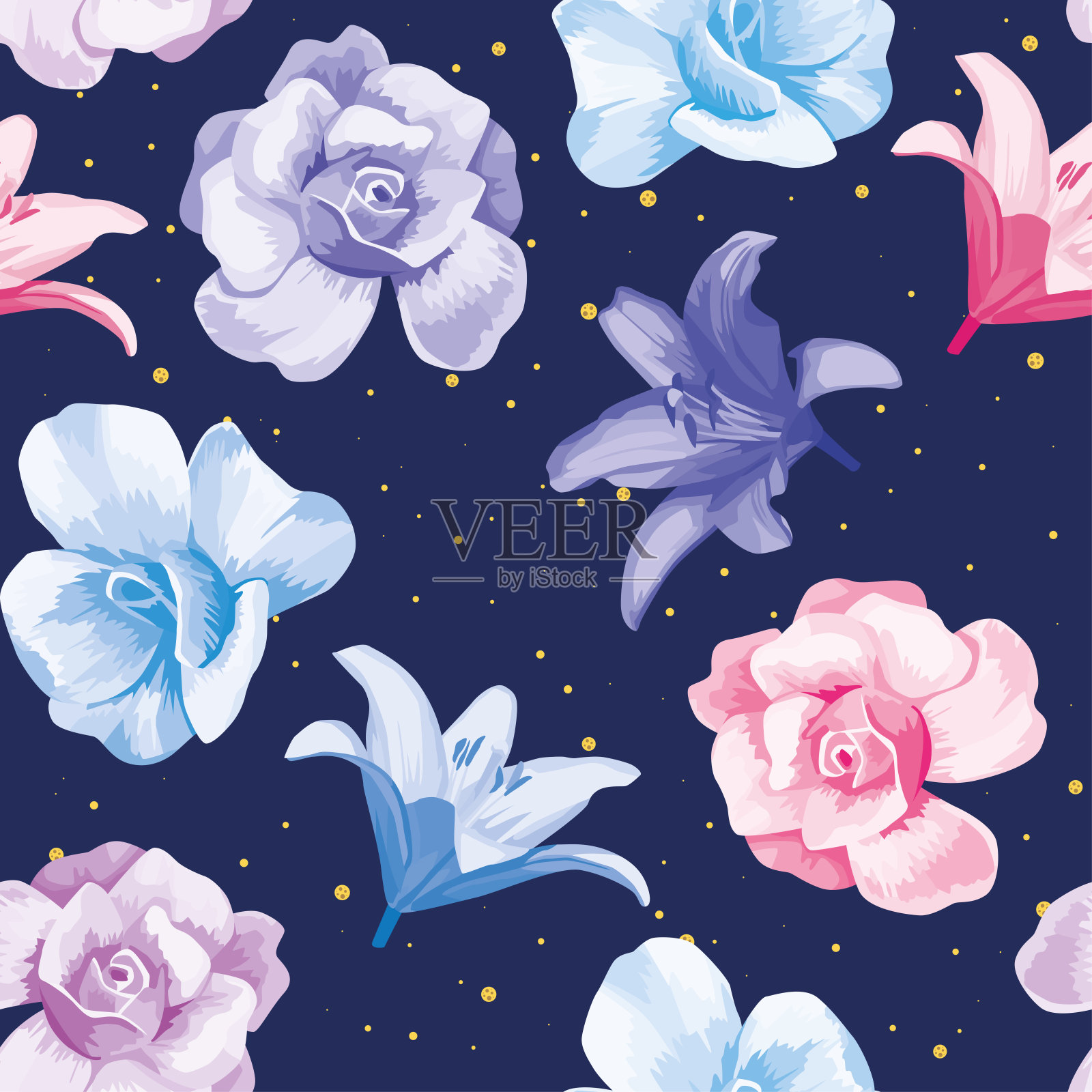 多色花，玫瑰，百合，蓝色背景插画图片素材