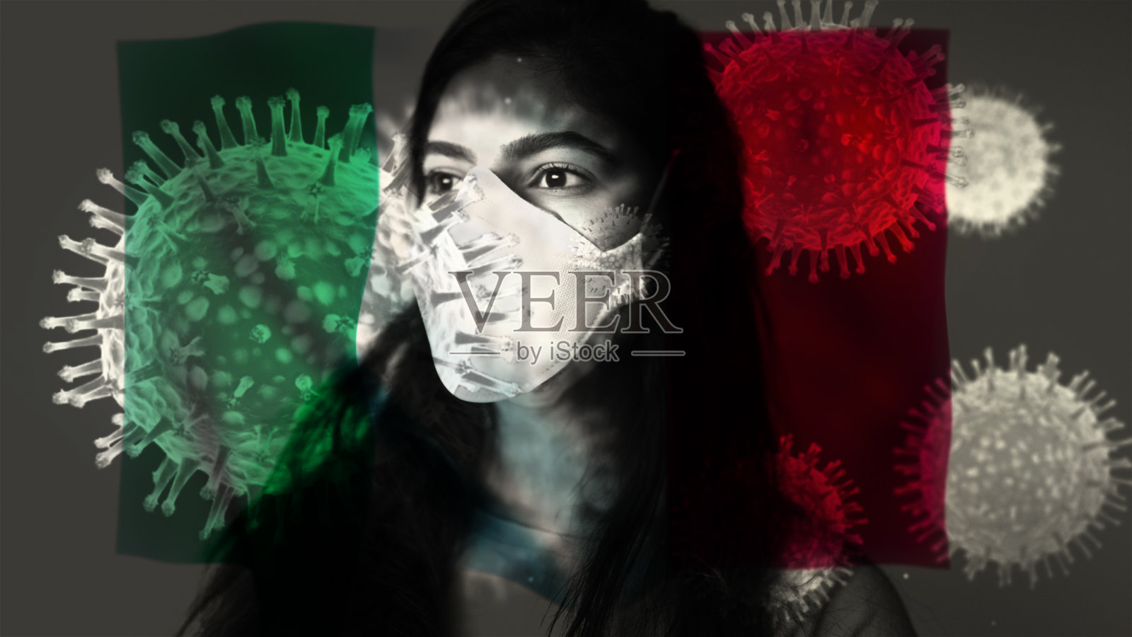冠状病毒2019-nCov背景概念耐心地戴上意大利国旗覆盖的防护面具。照片摄影图片