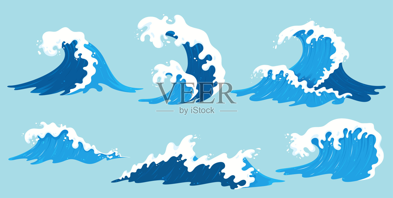 矢量海浪收集。蓝色海浪与白色泡沫的插图。孤立的水飞溅设置在卡通风格。元素用于您的设计。插画图片素材