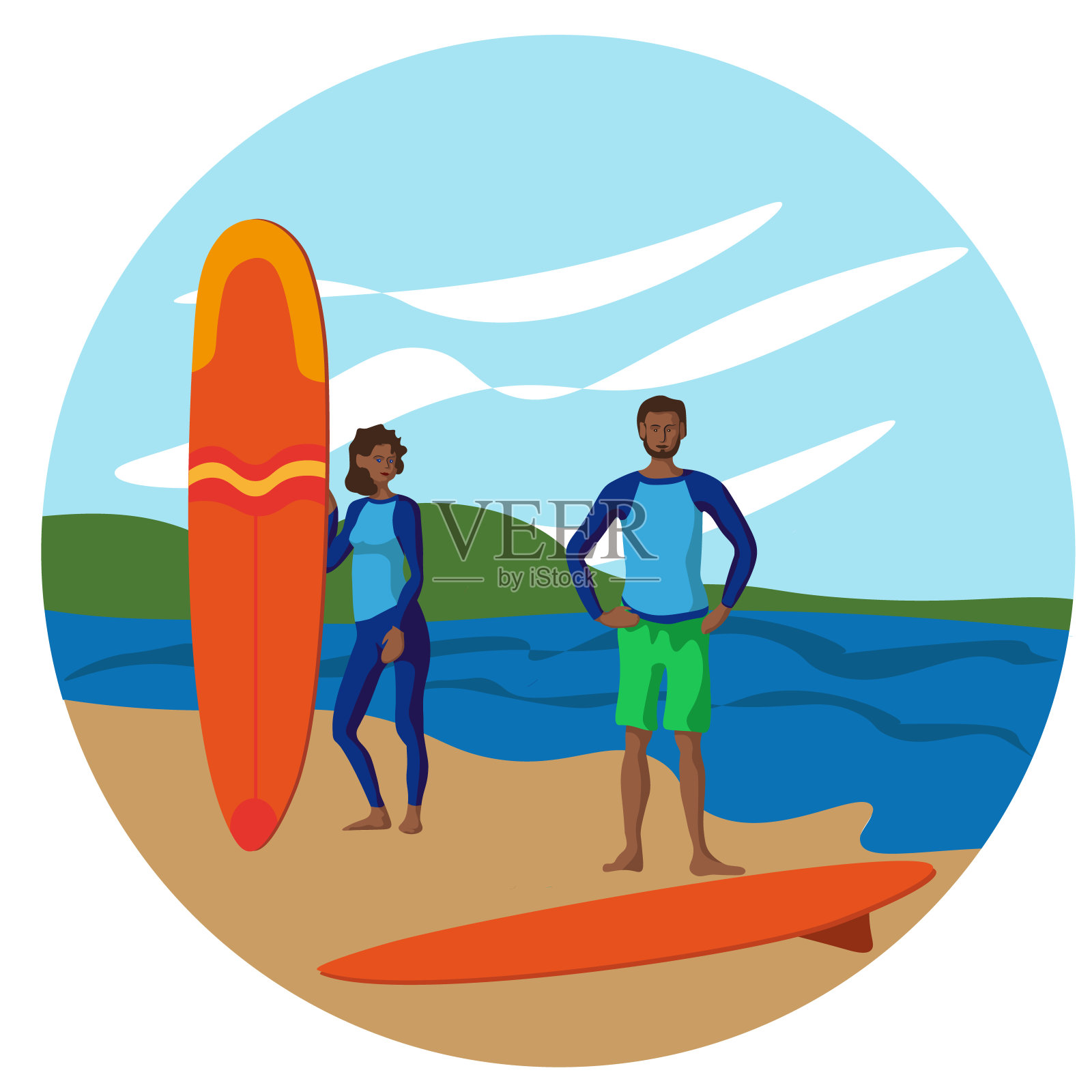一个冲浪者和一个女孩在大海的背景上插画图片素材