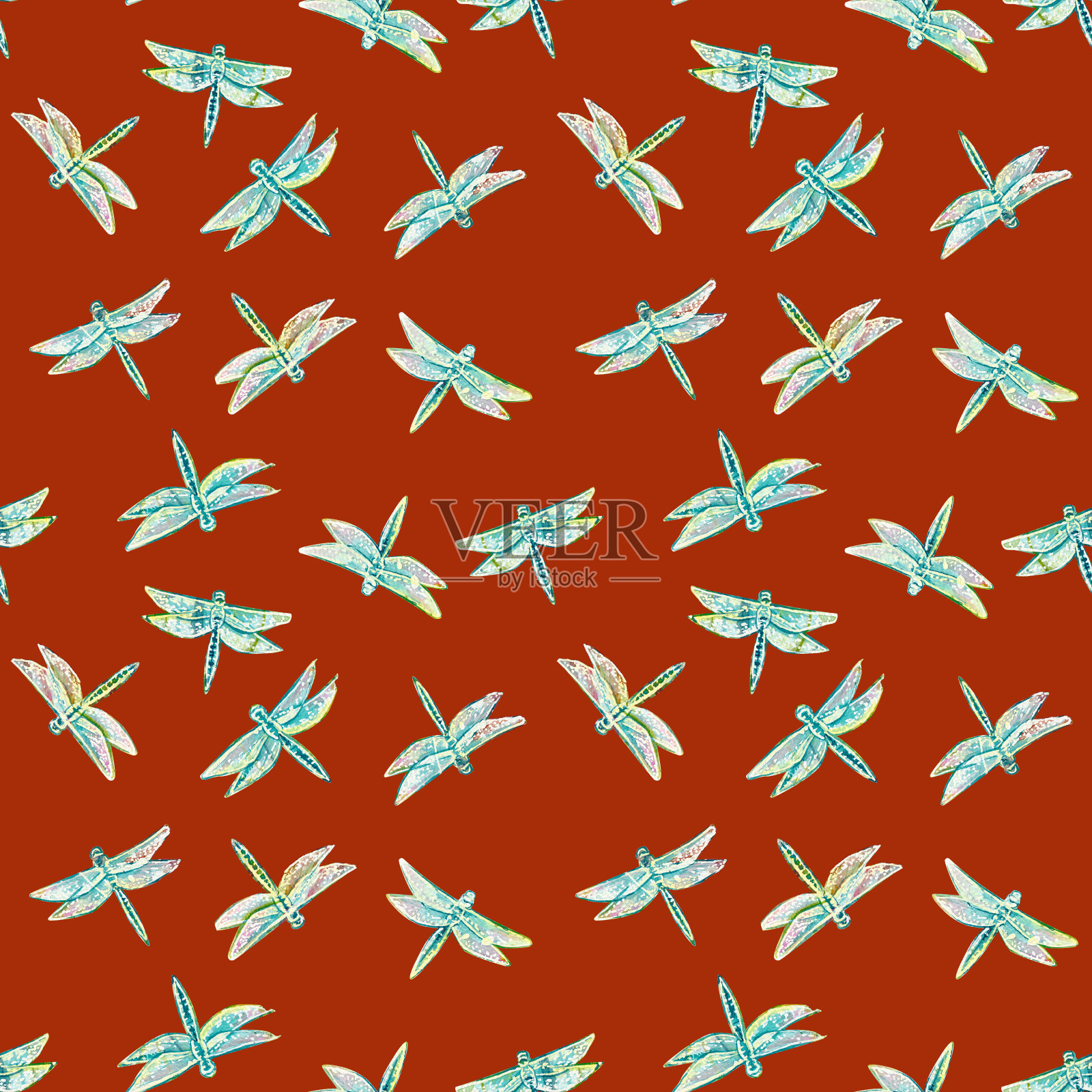 纹理无缝，蜻蜓，昆虫，水彩，明亮的夏季翅膀在红色的背景插画图片素材