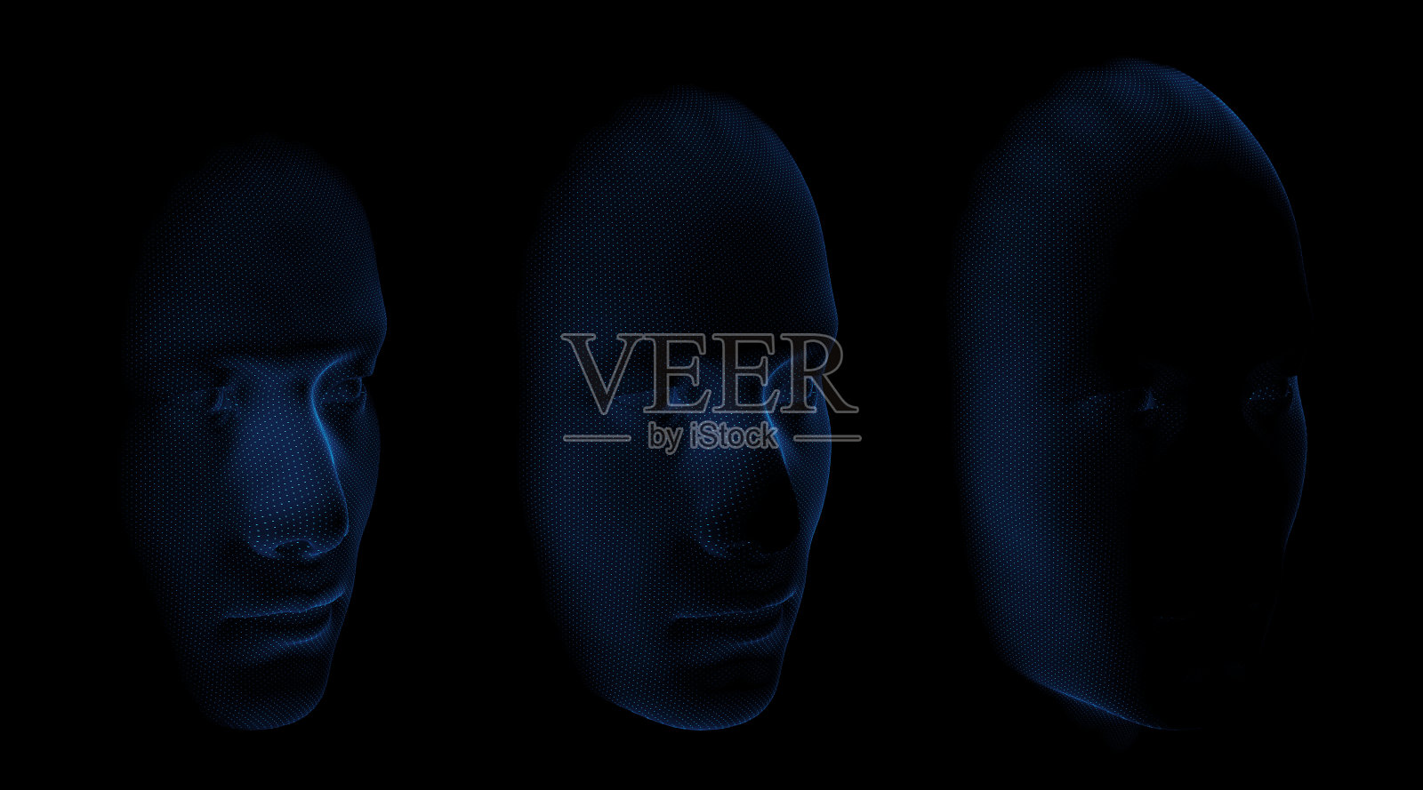 三维渲染抽象脸覆盖小图案纹理。扫描的三个阶段。技术说明。照片摄影图片