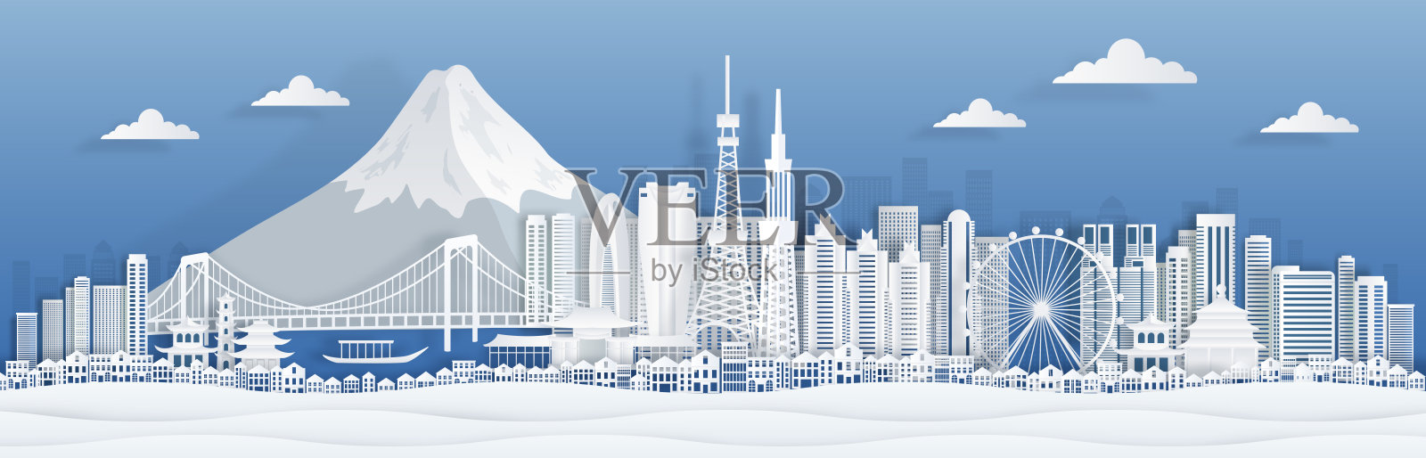 东京剪纸。日本城市的天际线全景与著名的地标和建筑旅行的世界海报或明信片。向量的城市背景图片素材