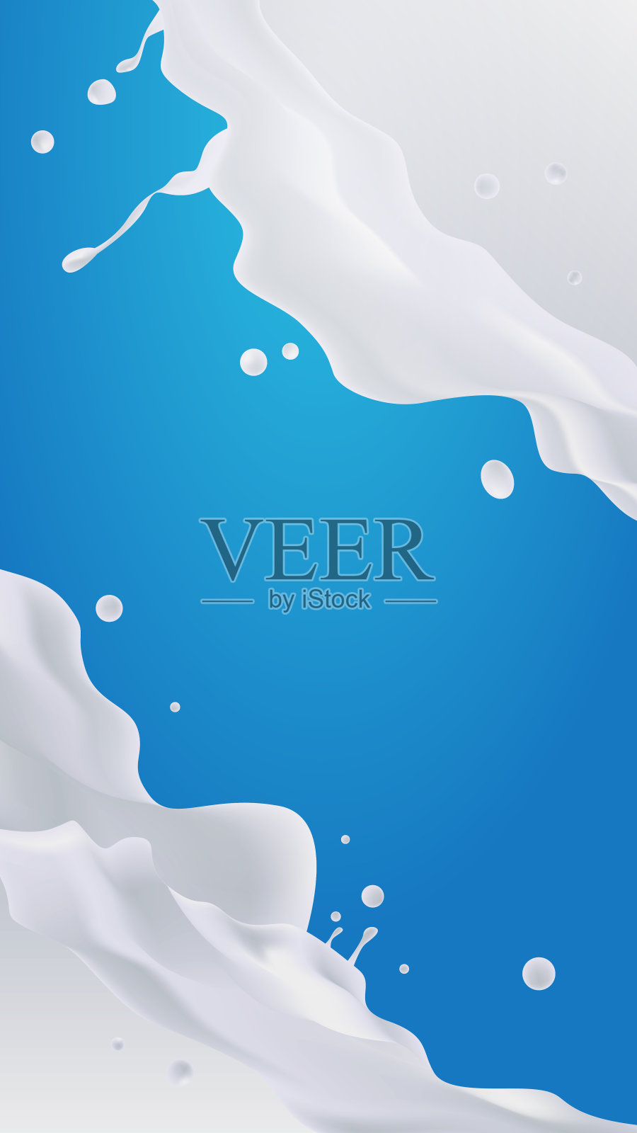 白色液体飞溅逼真的水滴和蓝色背景的果汁飞溅概念垂直插画图片素材