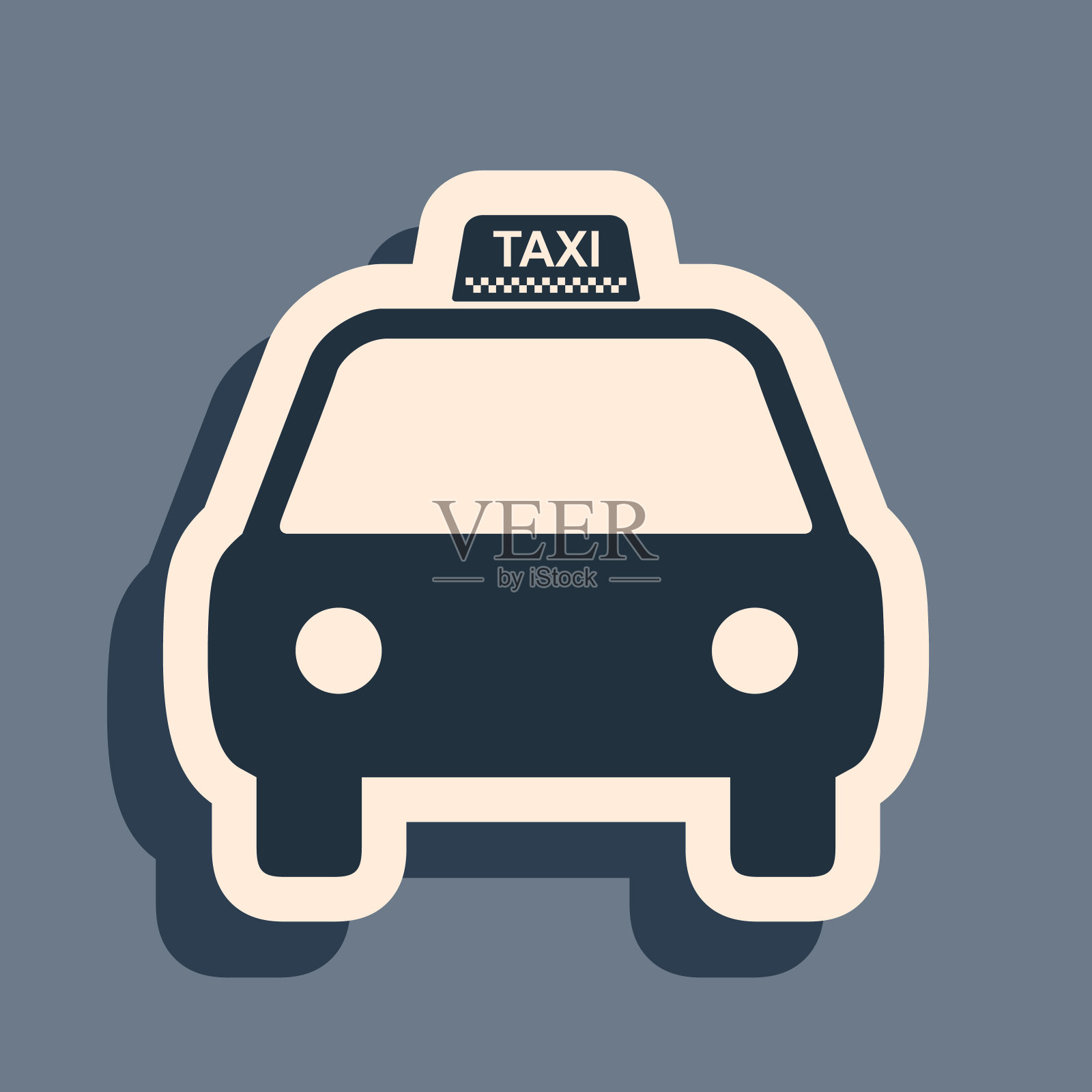 黑色出租车图标孤立在灰色背景。长长的阴影风格。矢量图插画图片素材