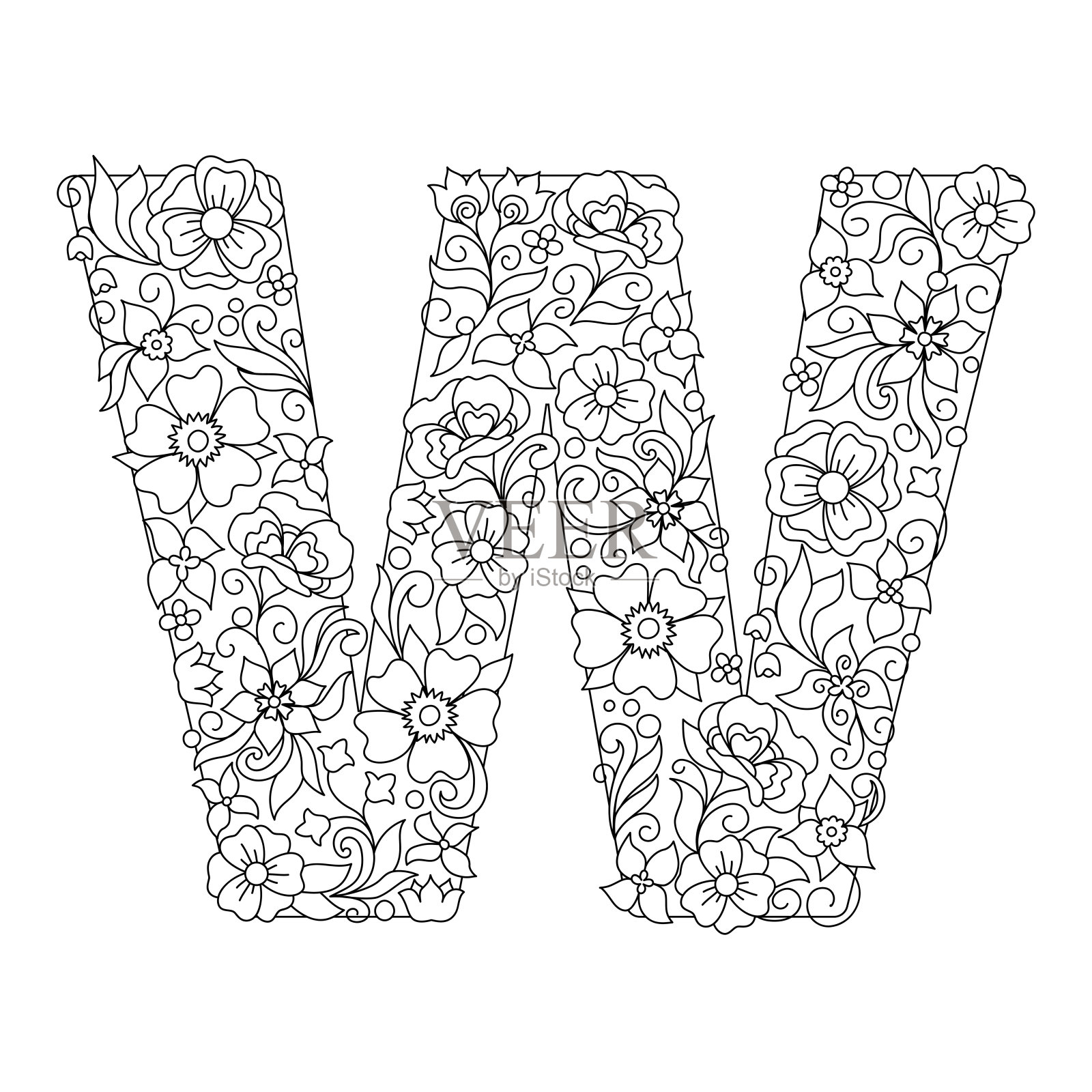 大写字母W与抽象的花图案设计元素图片