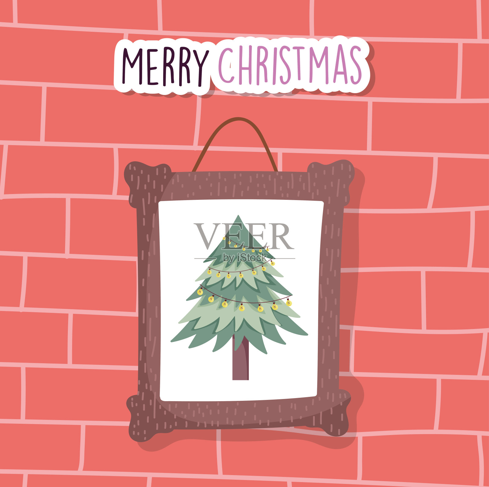 庆祝圣诞快乐，挂框架树装饰墙砖插画图片素材
