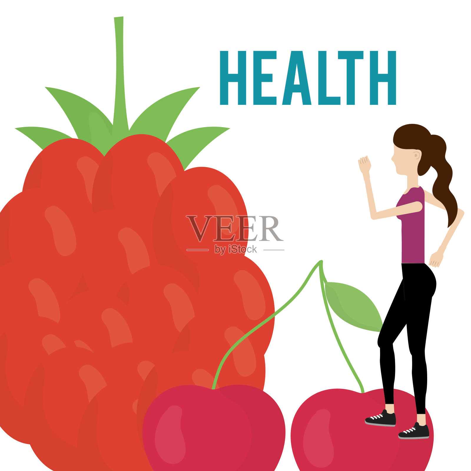 女人和覆盆子和樱桃的健康食品插画图片素材