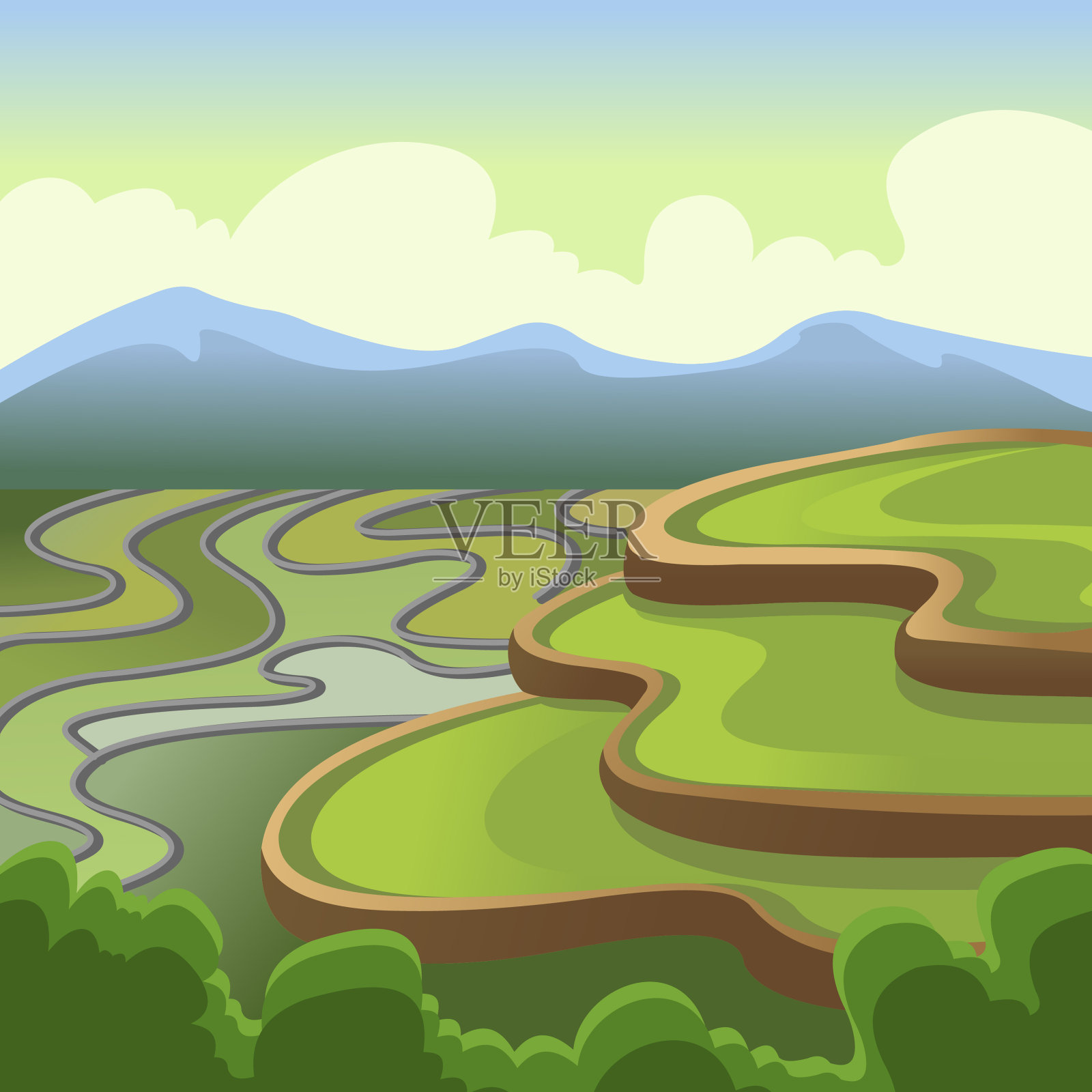 卡通色彩景观场景中国稻田概念。向量插画图片素材