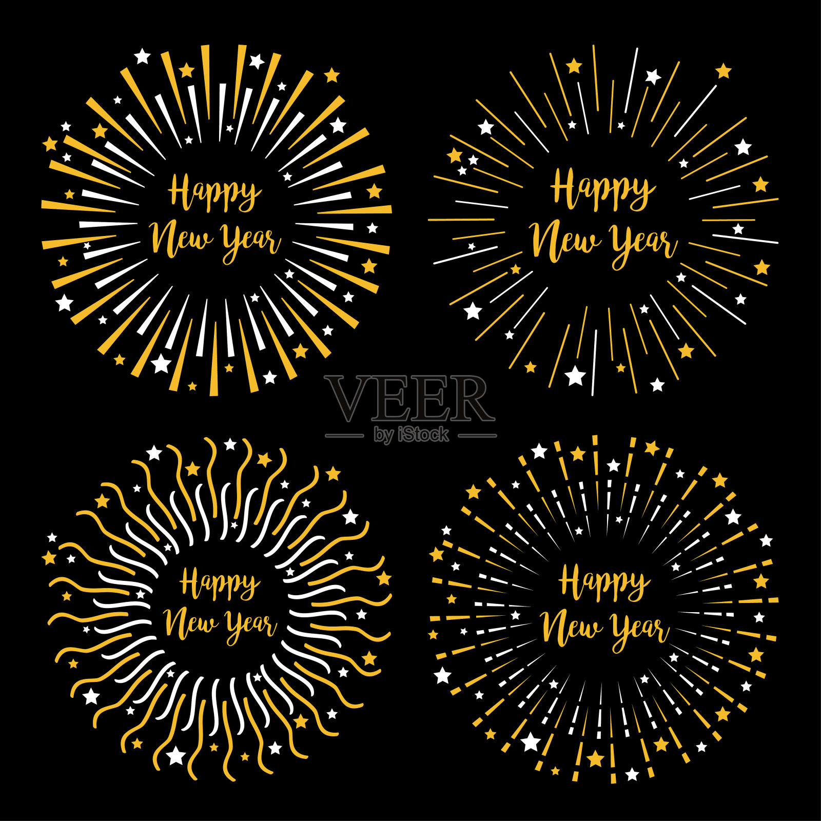 节日烟花装饰。星辉集圆形框架集。新年快乐。饼干的光。黄金的颜色。爆竹破裂。金色和白色。平面设计。黑色背景。插画图片素材