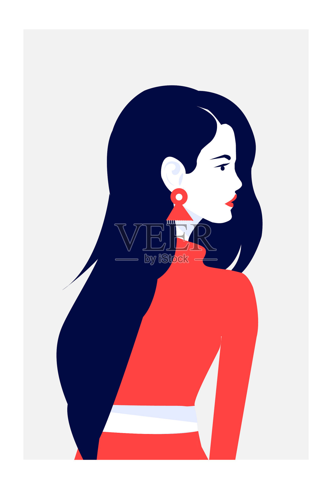 一幅漂亮女孩的肖像，穿着漂亮的红裙子，戴着漂亮的耳环。长头发的。平面向量插图插画图片素材
