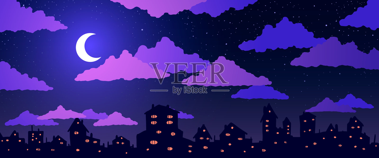 矢量卡通复古小镇对星星，紫色的云和月亮在晚上。插画图片素材