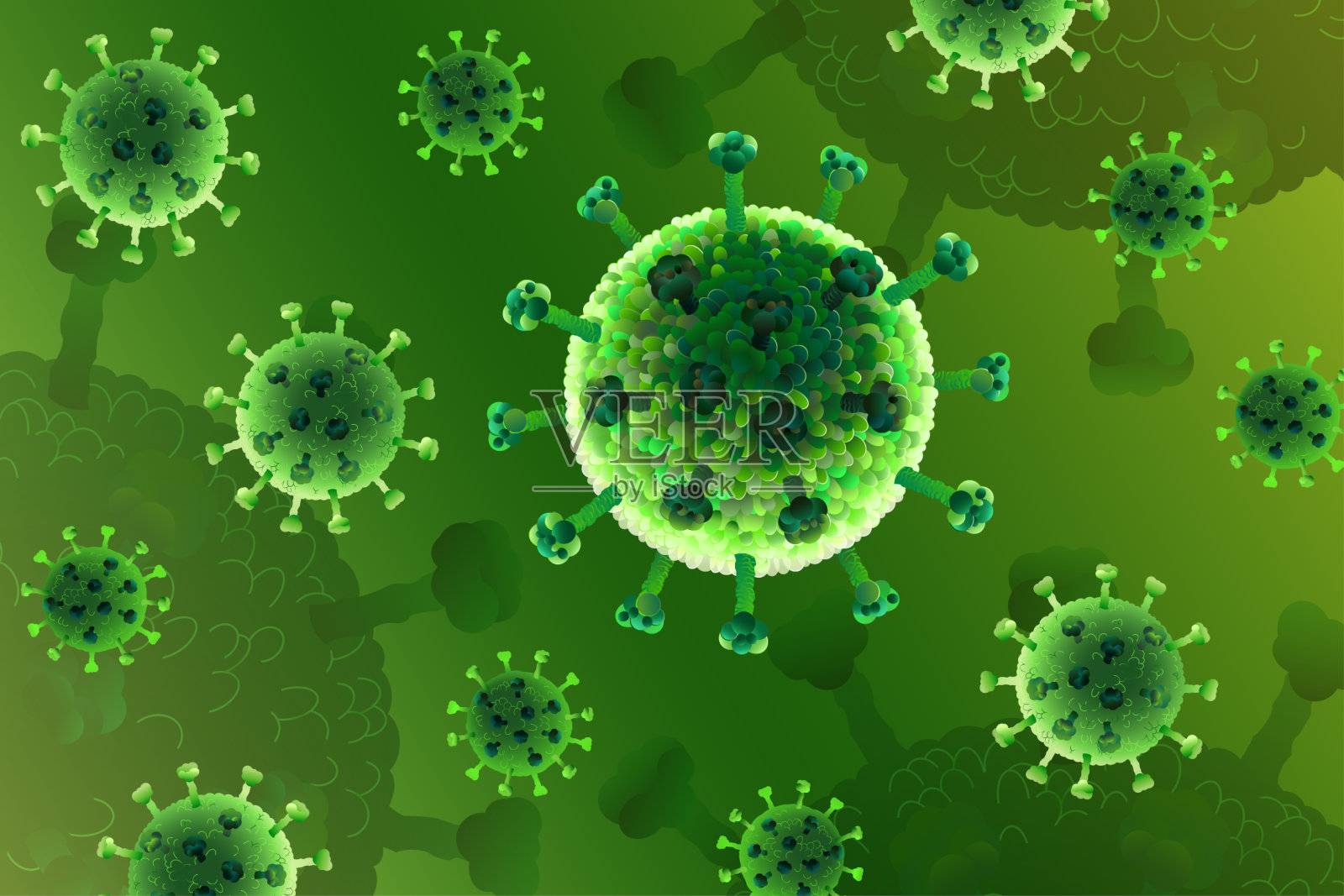 冠状病毒病COVID-19，危险的呼吸道感染，SARS-CoV-2。流感爆发，病原体流感或艾滋病毒，绿色癌细胞。插画图片素材
