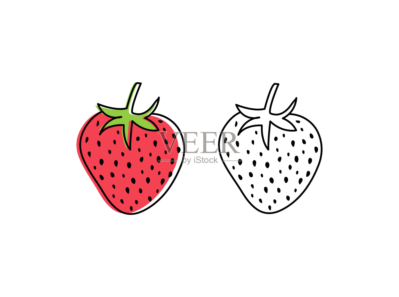 草莓插图设置在白色背景矢量。轮廓和彩色草莓插图插画图片素材