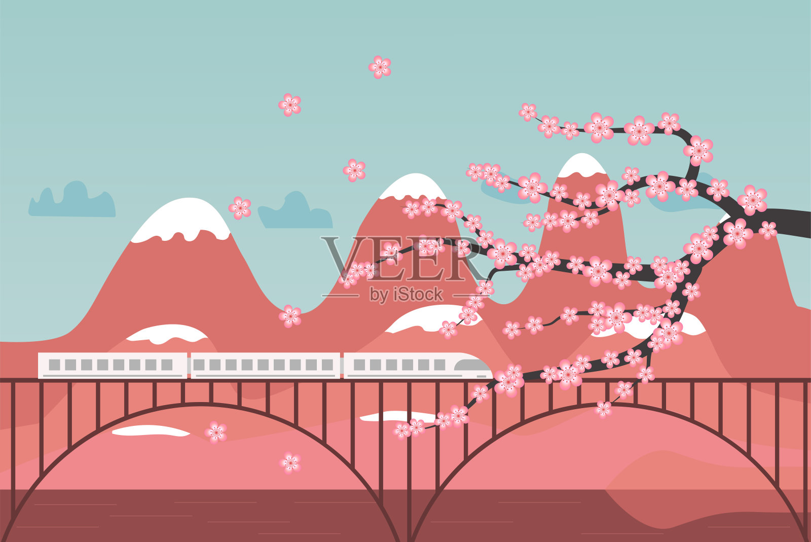 美丽的风景在日本自然樱花树和火车插画图片素材