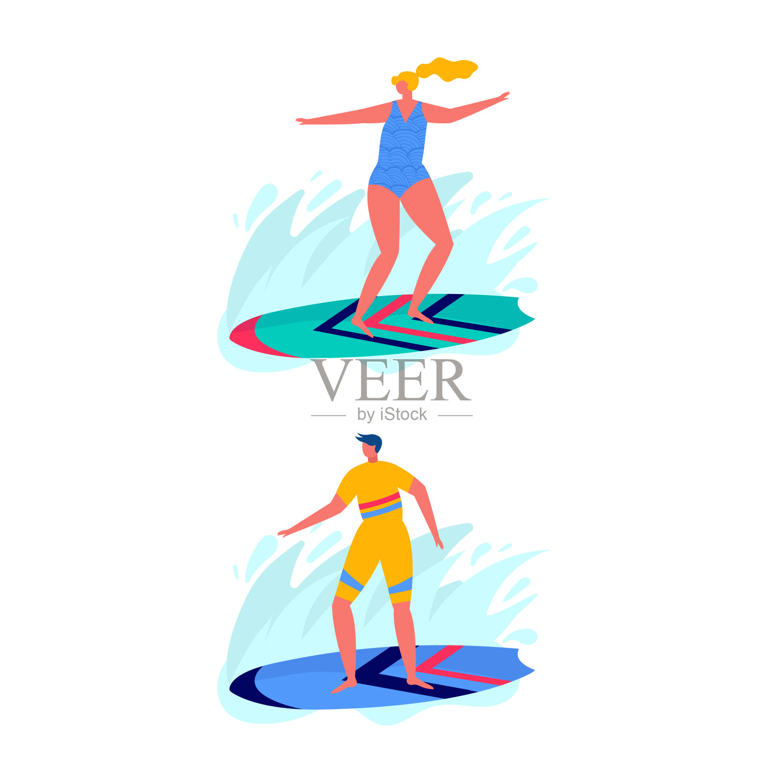 人们穿着冲浪板在沙滩上冲浪。年轻的男女在大海上享受假期。夏季运动概念和户外休闲活动隔离在白色背景上。平面向量设计元素图片