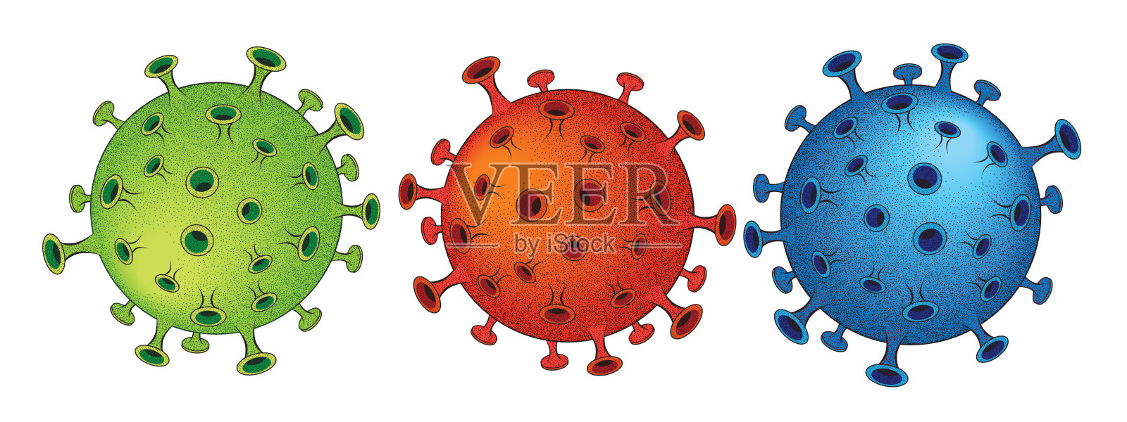 冠状病毒绿色、蓝色和红色版本插画图片素材
