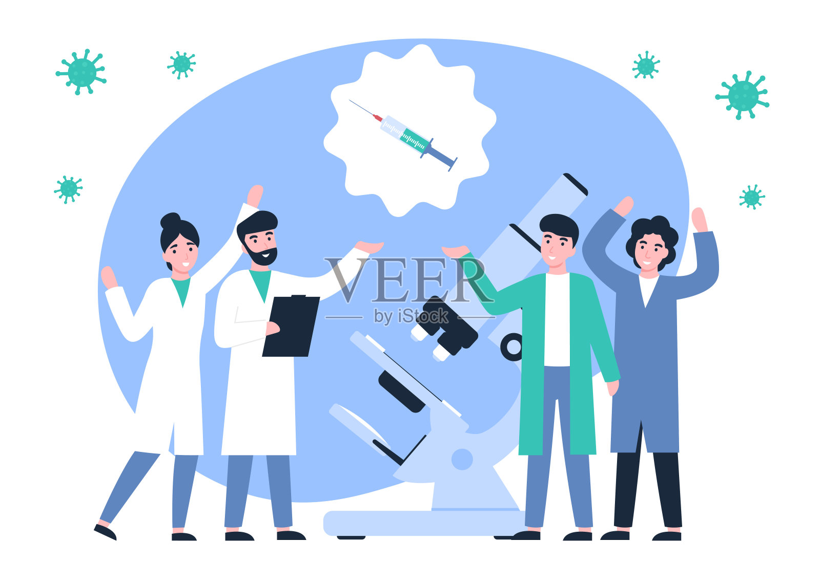 快乐的科学家们用显微镜发现了冠状病毒疫苗的概念插画图片素材