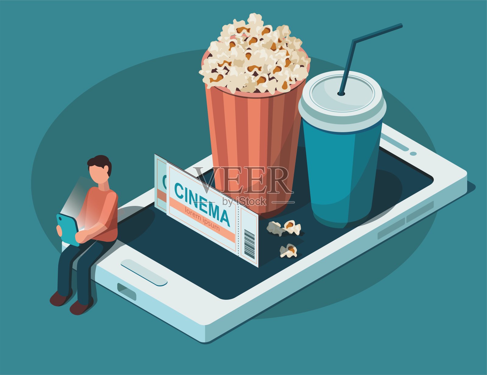 在线看电影的概念。男人一边看电影一边喝着爆米花。等距插图插画图片素材