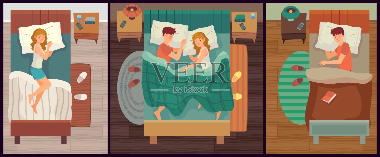 几个人在睡觉。男人和女人单独睡在一起，健康睡眠卡通矢量插图插画图片素材