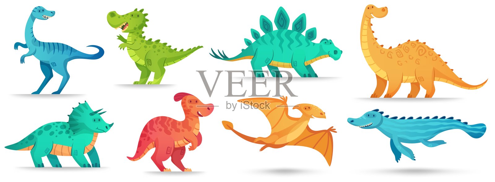 卡通恐龙。可爱的恐龙，有趣的古代雷龙和绿色三角龙。漫画恐龙矢量插图集插画图片素材