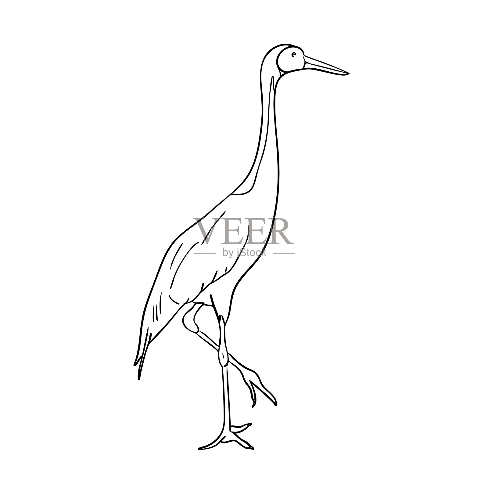 矢量插图，孤立的鹤鸟在黑白颜色，轮廓原始手绘图纸设计元素图片
