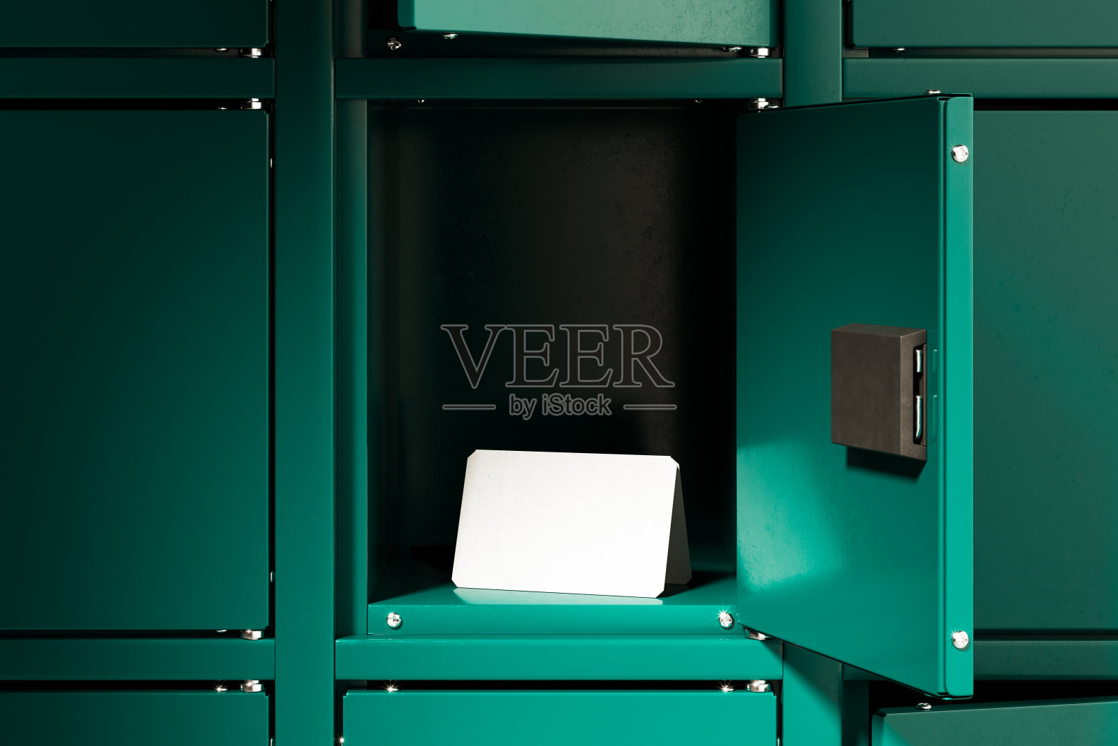 绿色保险箱与一个打开的储物柜和空白折叠纸。3d渲染。照片摄影图片