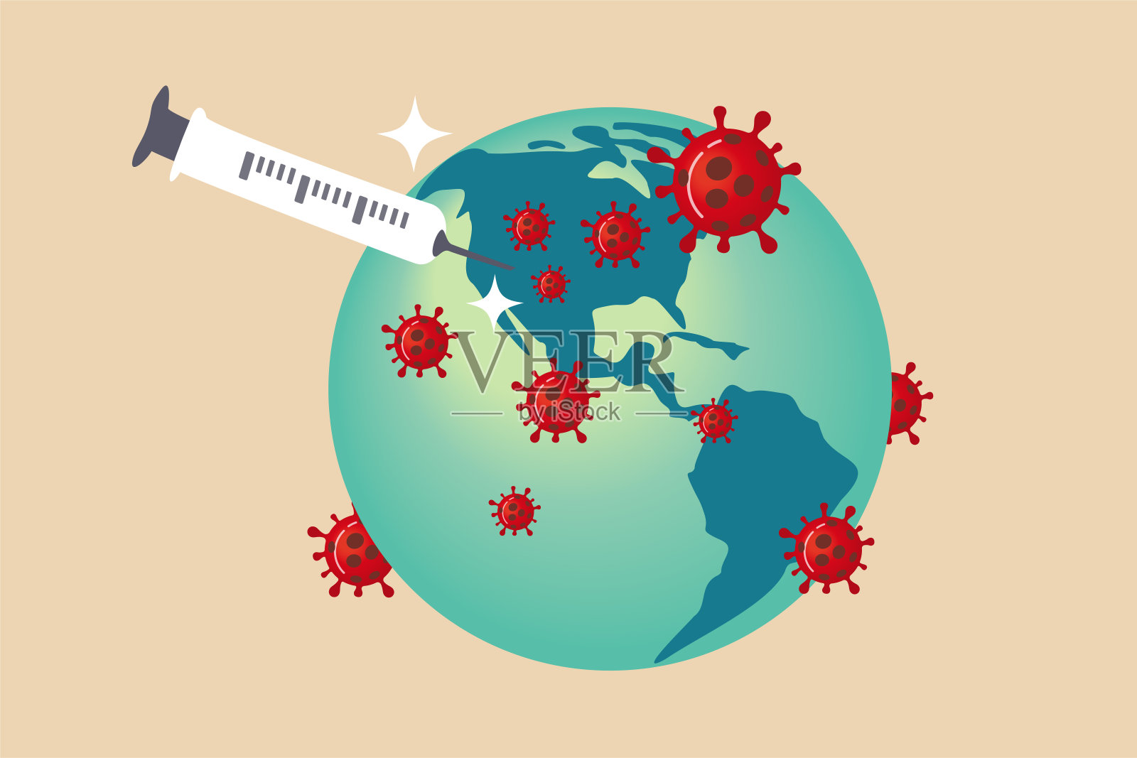 冠状病毒疫苗概念，注射器疫苗和针种植在美国美国地图绿色疾病地球上与红色的冠状病毒COVID-19病原体周围。插画图片素材