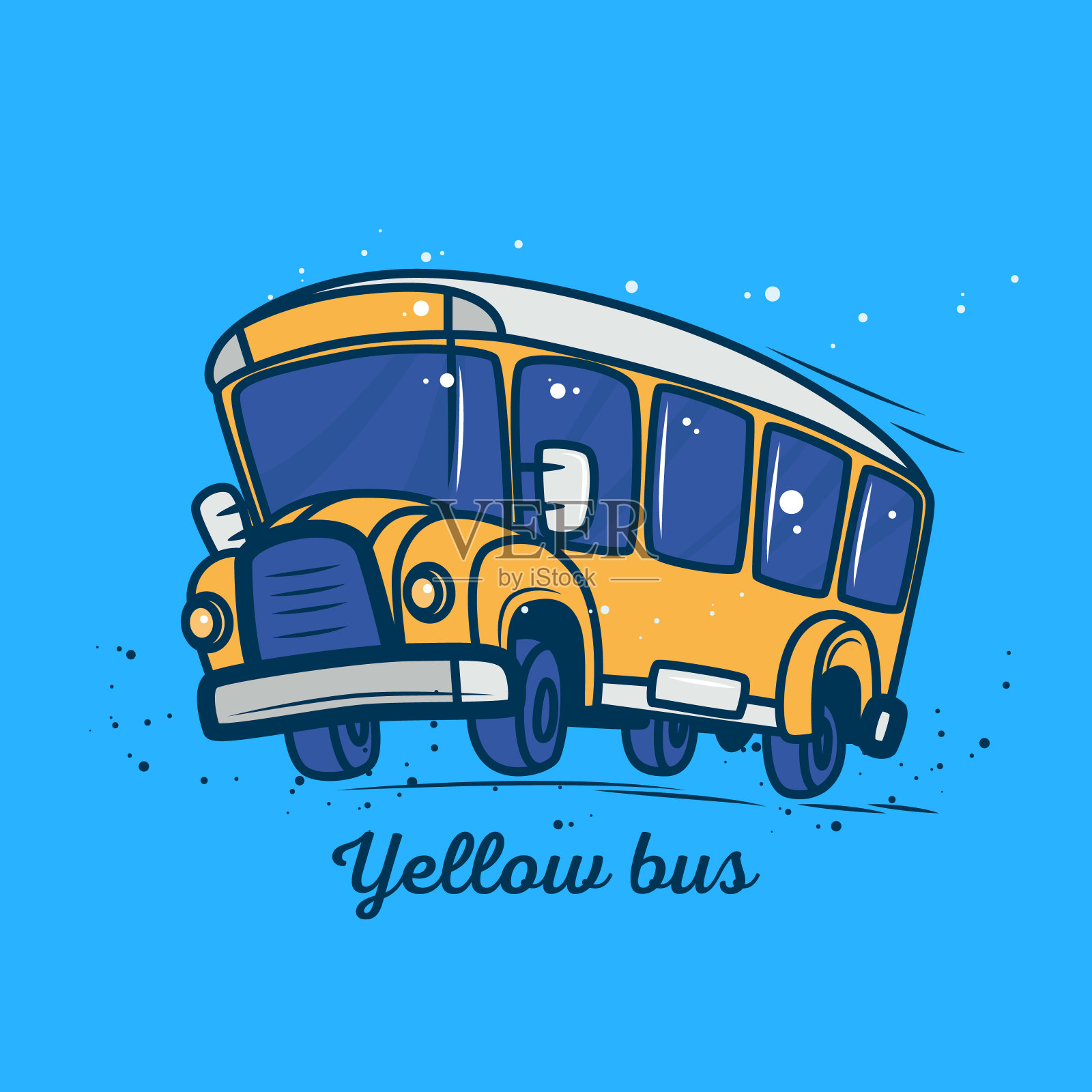 黄色的校车在动画风格的贴纸。插画图片素材