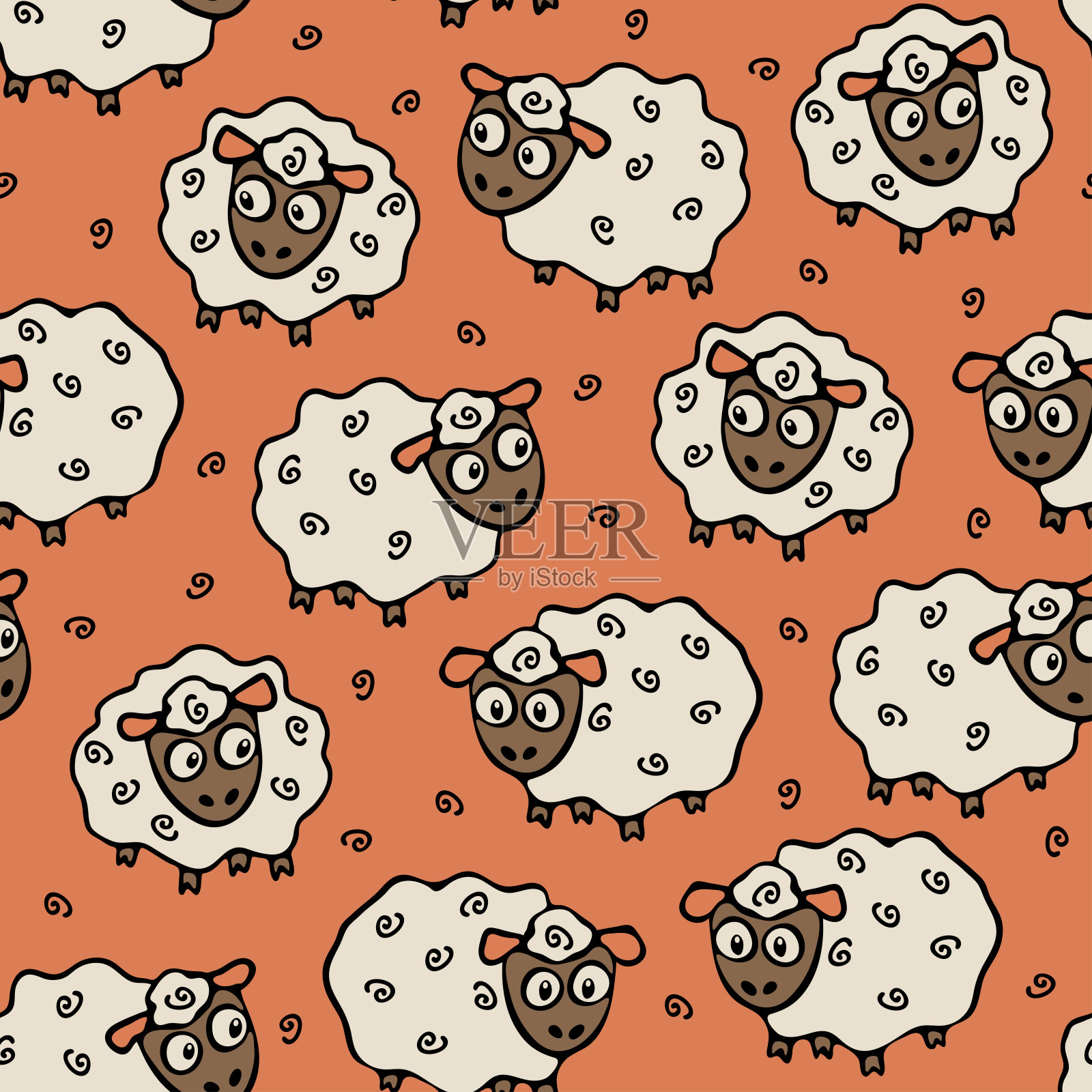 无缝矢量图案与卡通羊在粉红色的背景。可爱的动物壁纸设计与小羊。适合儿童面料、时装、纺织品。插画图片素材